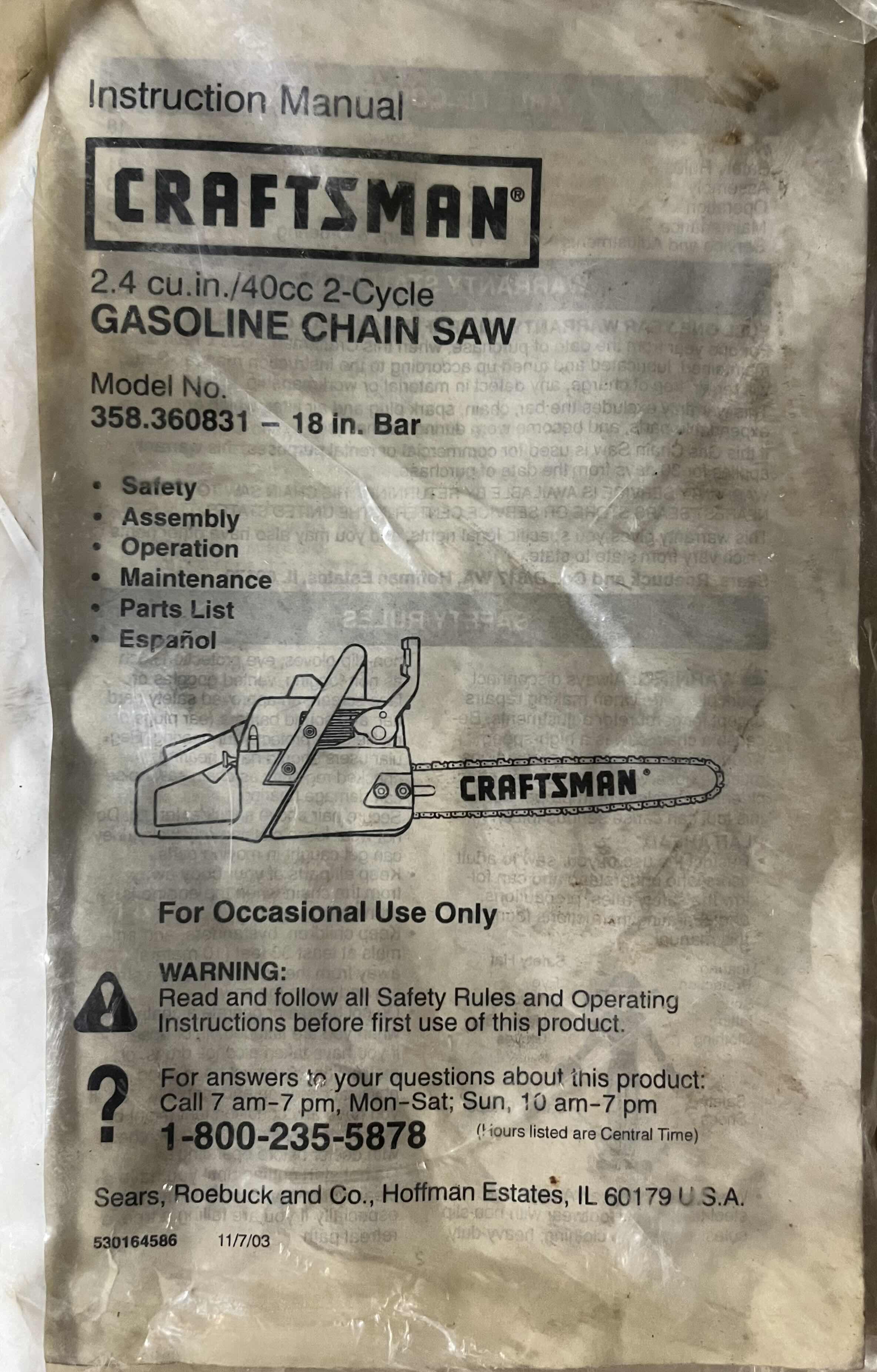 Photo 1 of CRAFTSMAN 18” 40CC 2-CYCLE GAS CHAINSAW MODEL 358.360831 W CASE