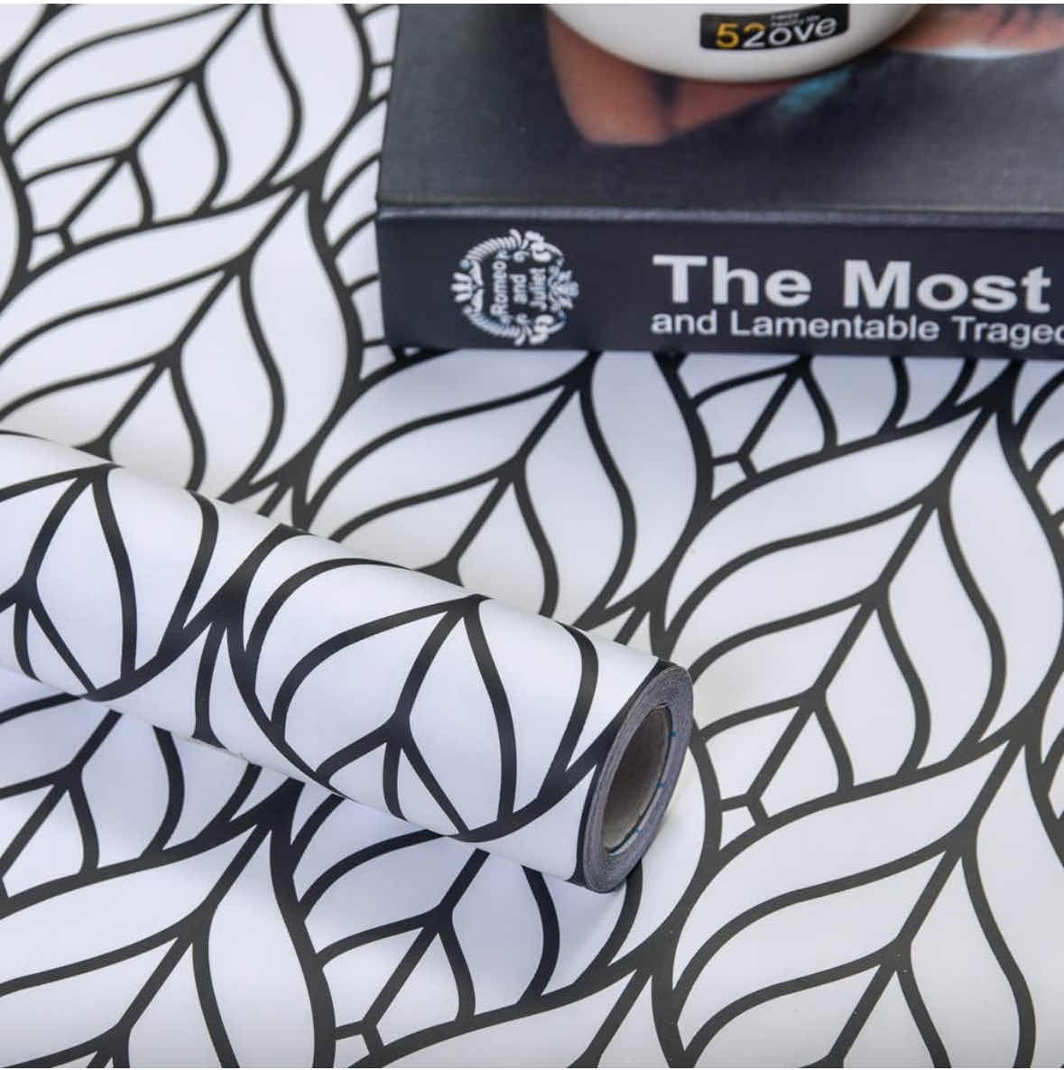 Photo 3 of BLACK/WHITE LEAF PEEL & STICK SELF-ADHESIVE WALLPAPER, REMOVABLE CONTACT PAPER 17.7” X 197”