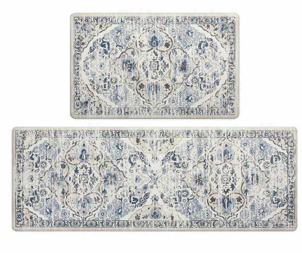 Photo 1 of NEW LLEADING CUSHIONED WATERPROOF ANTI-FATIGUE KITCHEN/BATHROOM MAT SET OF 2, NON-SLIP STAIN RESISTANT PVC FLOOR MATS, BLUE 17” X 47 & 17” X 28”