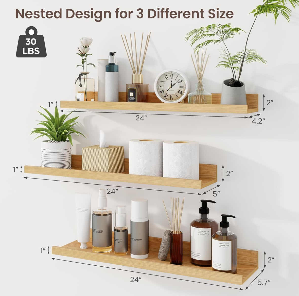 Photo 4 of NEW AXEMAN 3-PACK PICTURE LEDGE SHELVES, 24” FLOATING SHELVES W LIP, OAK FINISH