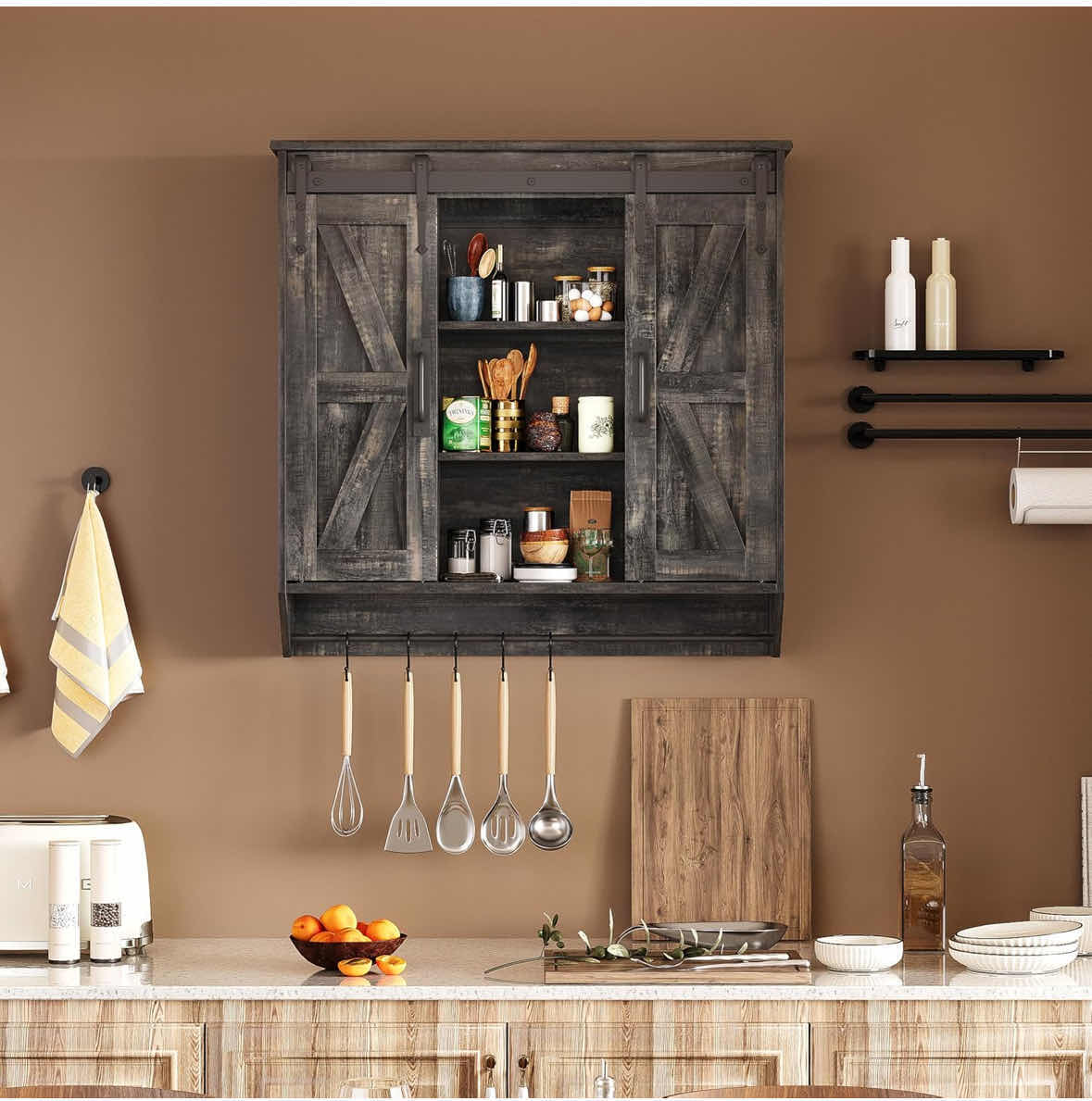 Photo 2 of NEW RUSTOWN RUSTIC WOOD WALL STORAGE CABINET W 2 SLIDING BARN DOORS 3-TIER DECORATIVE VINTAGE FARMHOUSE CABINET, RUSTIC OAK