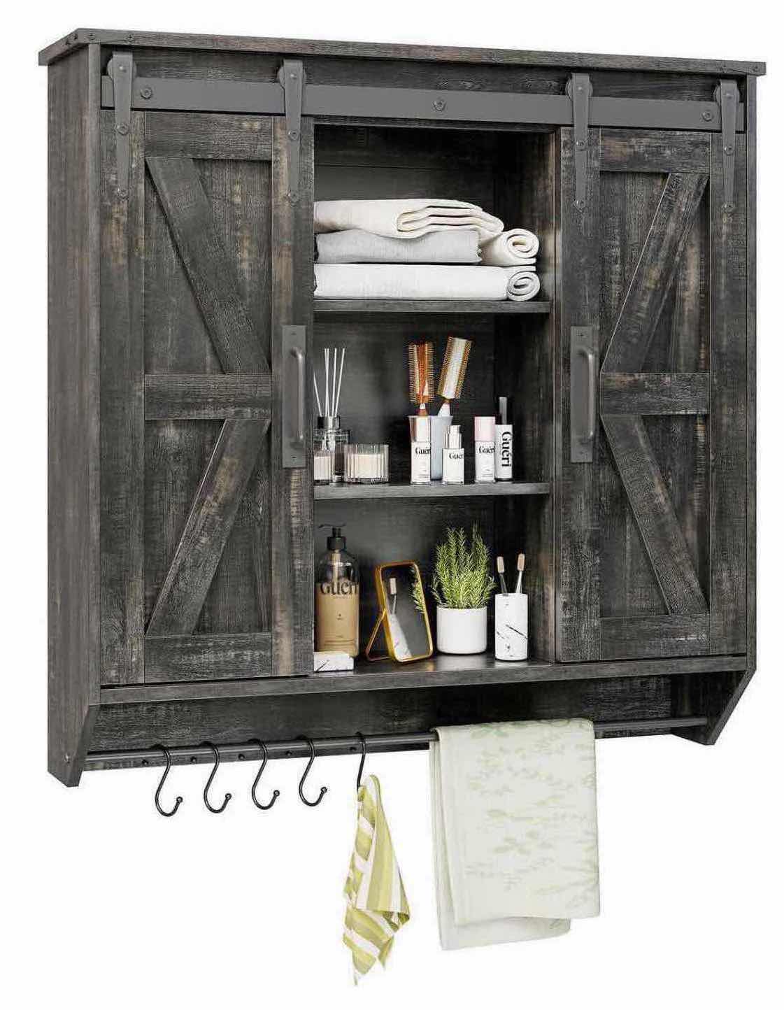 Photo 1 of NEW RUSTOWN RUSTIC WOOD WALL STORAGE CABINET W 2 SLIDING BARN DOORS 3-TIER DECORATIVE VINTAGE FARMHOUSE CABINET, RUSTIC OAK