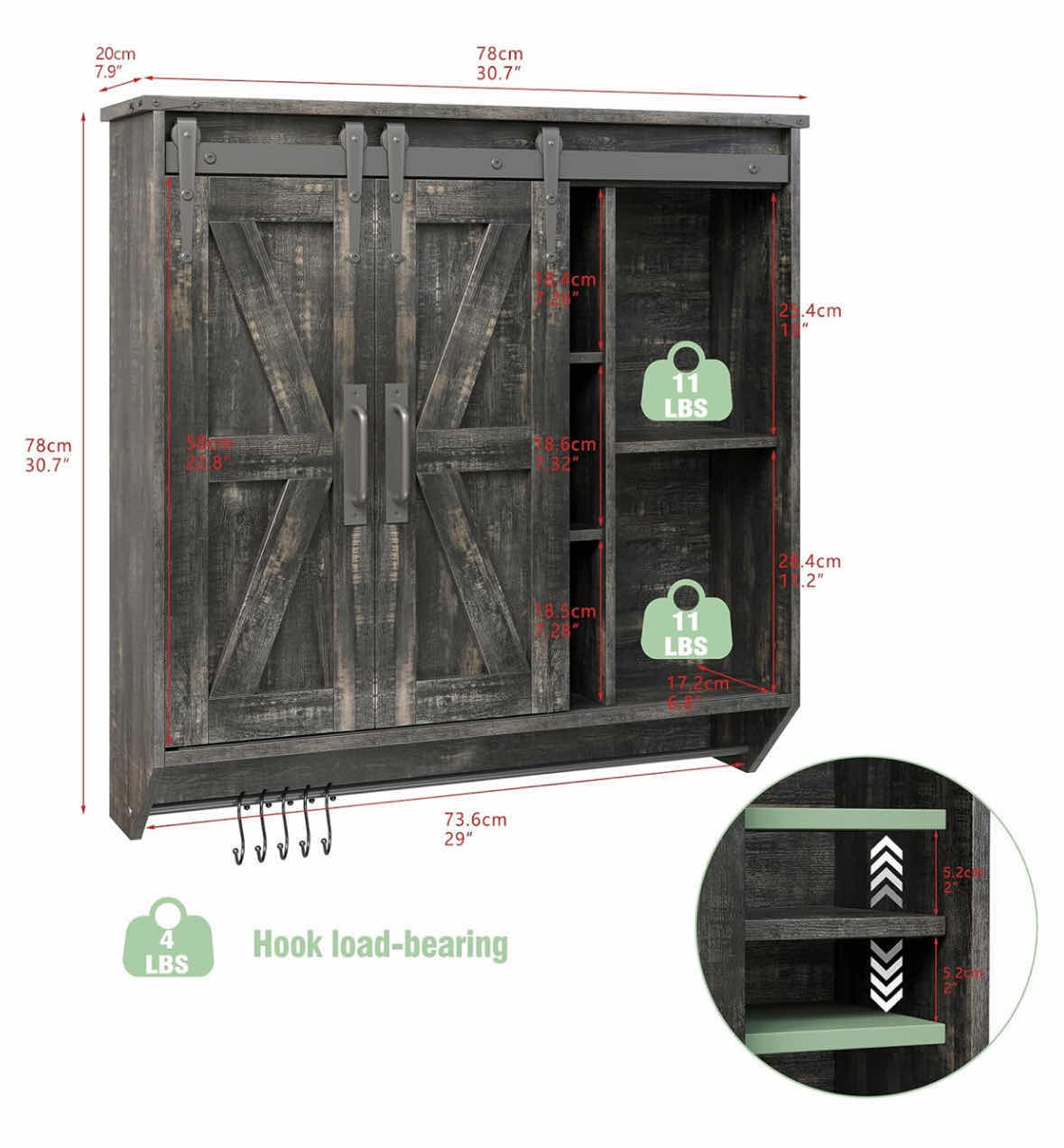 Photo 4 of NEW RUSTOWN RUSTIC WOOD WALL STORAGE CABINET W 2 SLIDING BARN DOORS 3-TIER DECORATIVE VINTAGE FARMHOUSE CABINET, RUSTIC OAK