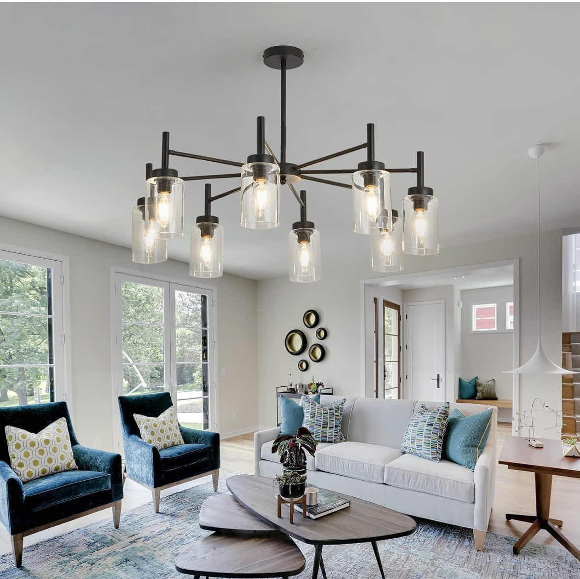 Photo 1 of NEW BLACK FARMHOUSE 8-LIGHT HANGING PENDANT LIGHT FIXTURE W CLEAR GLASS LAMPSHADES