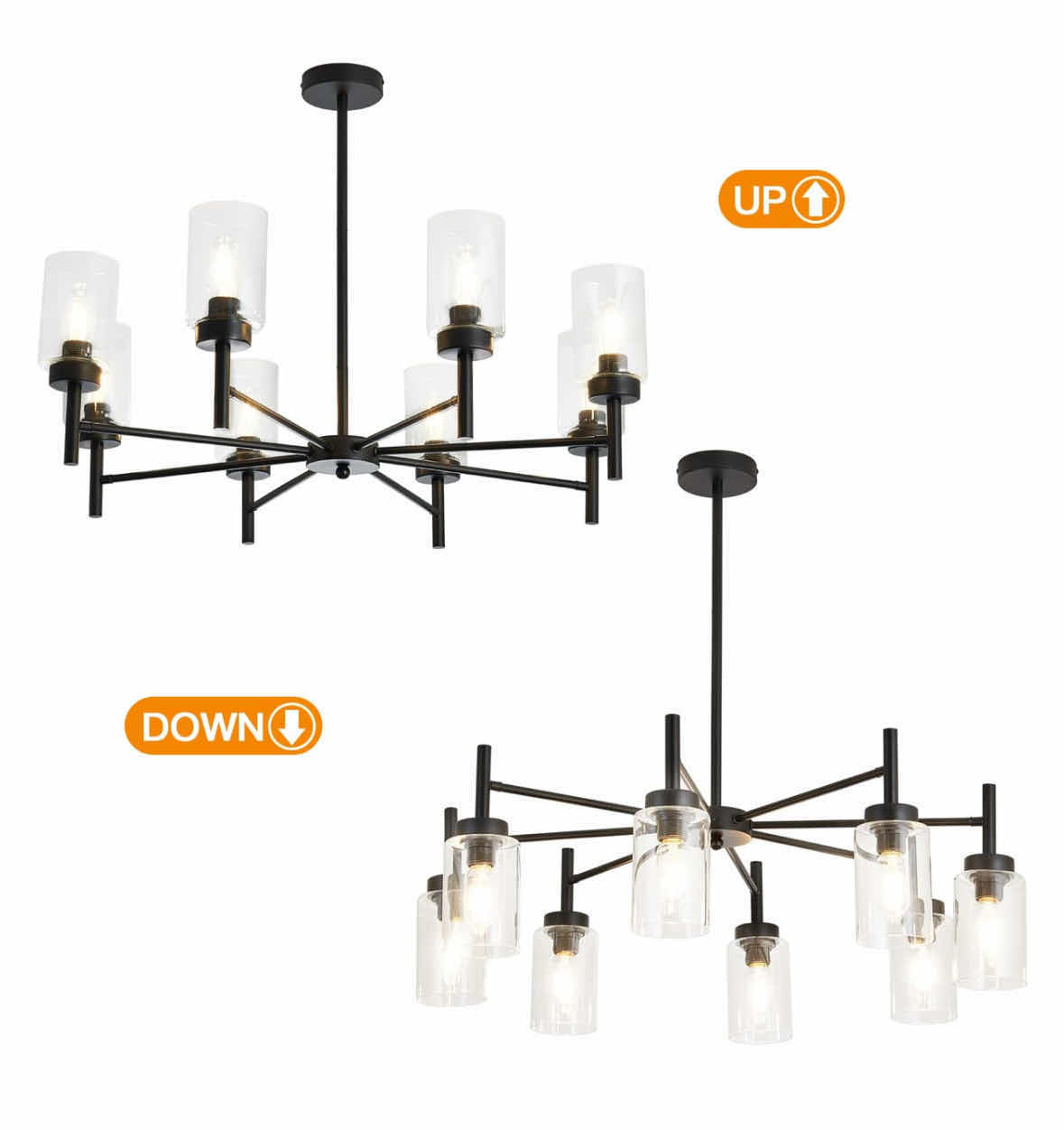 Photo 1 of NEW BLACK FARMHOUSE 8-LIGHT HANGING PENDANT LIGHT FIXTURE W CLEAR GLASS LAMPSHADES