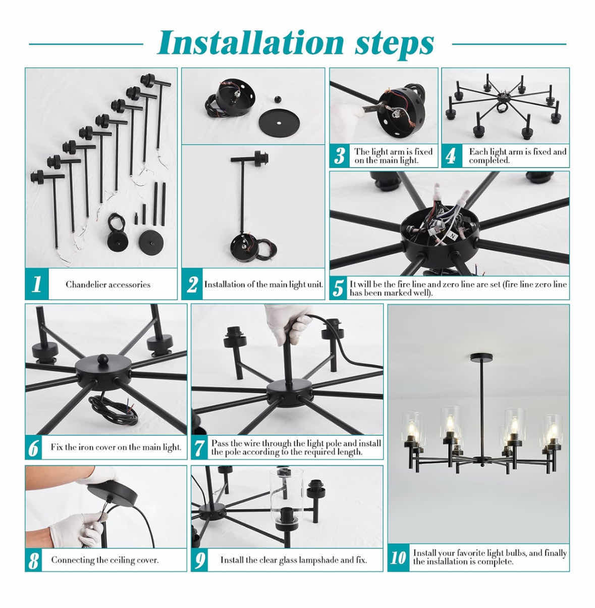 Photo 1 of NEW BLACK FARMHOUSE 8-LIGHT HANGING PENDANT LIGHT FIXTURE W CLEAR GLASS LAMPSHADES