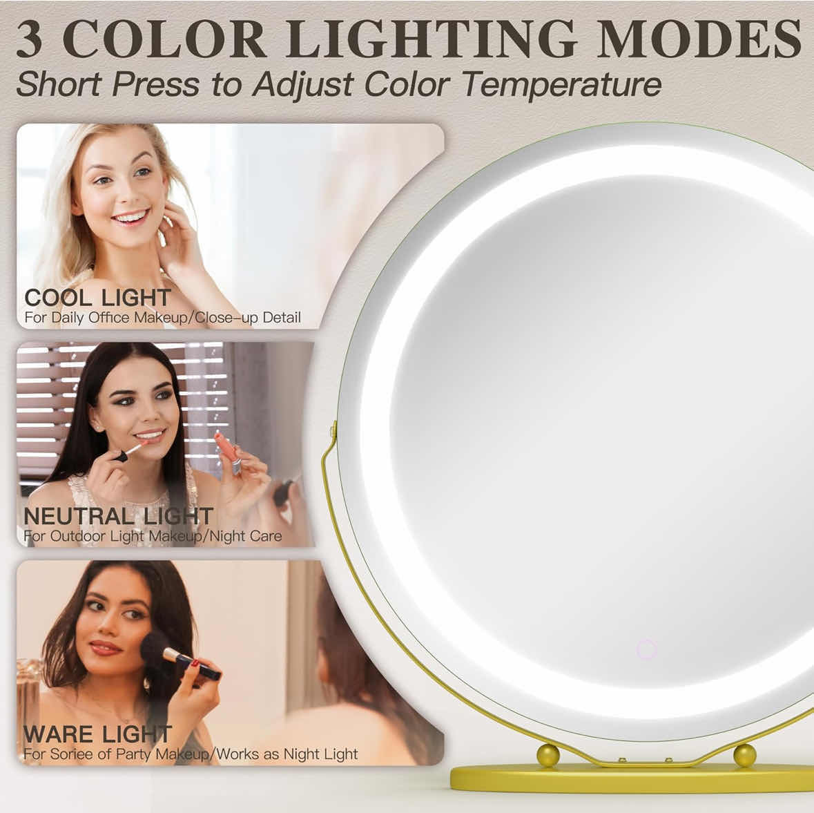 Photo 2 of NEW OVERSIZED LIGHTED 20” TABLETOP VANITY MIRROR W STAND W DIMMABLE SMART TOUCH (GOLD)