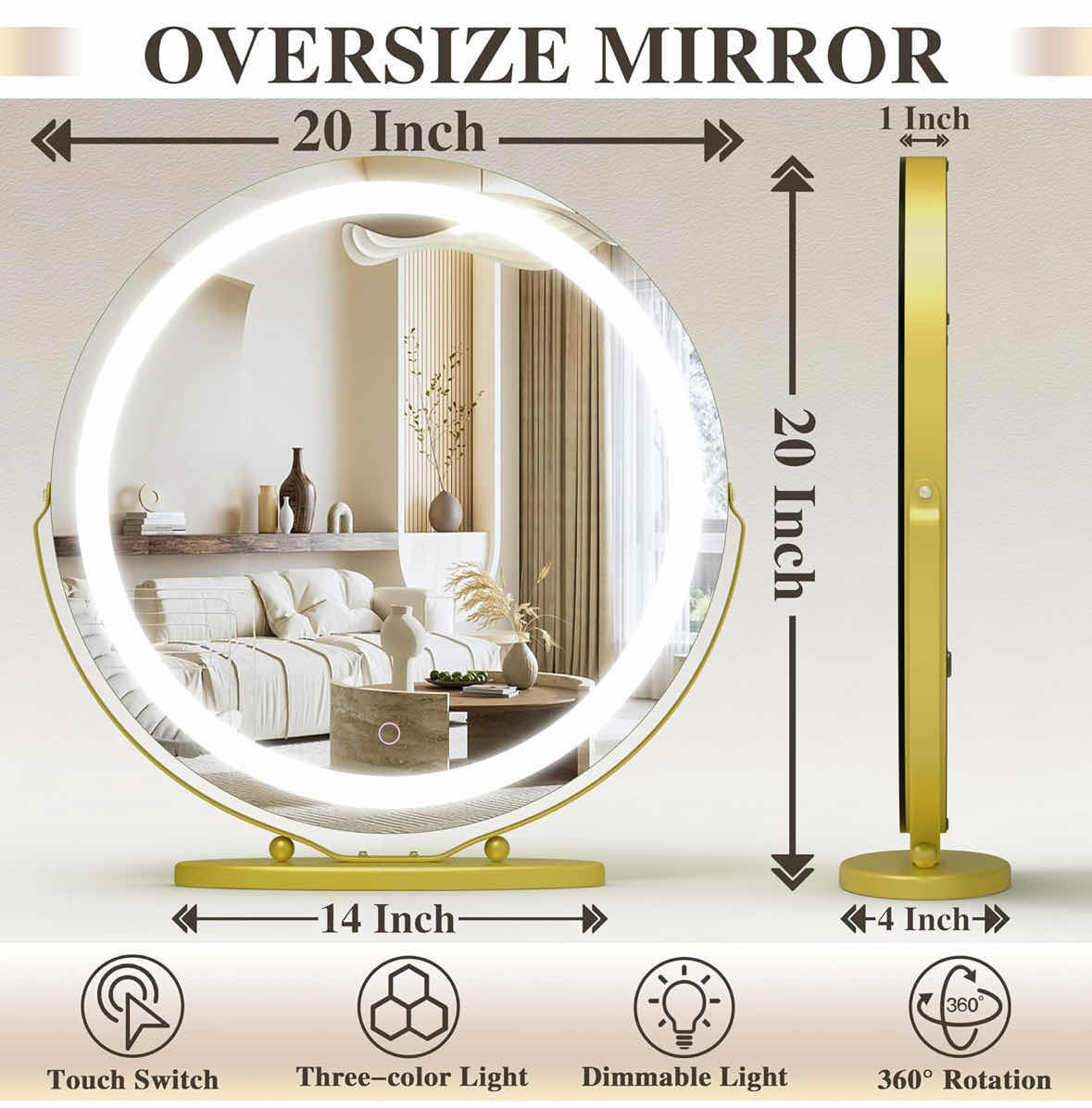 Photo 1 of NEW OVERSIZED LIGHTED 20” TABLETOP VANITY MIRROR W STAND W DIMMABLE SMART TOUCH (GOLD)
