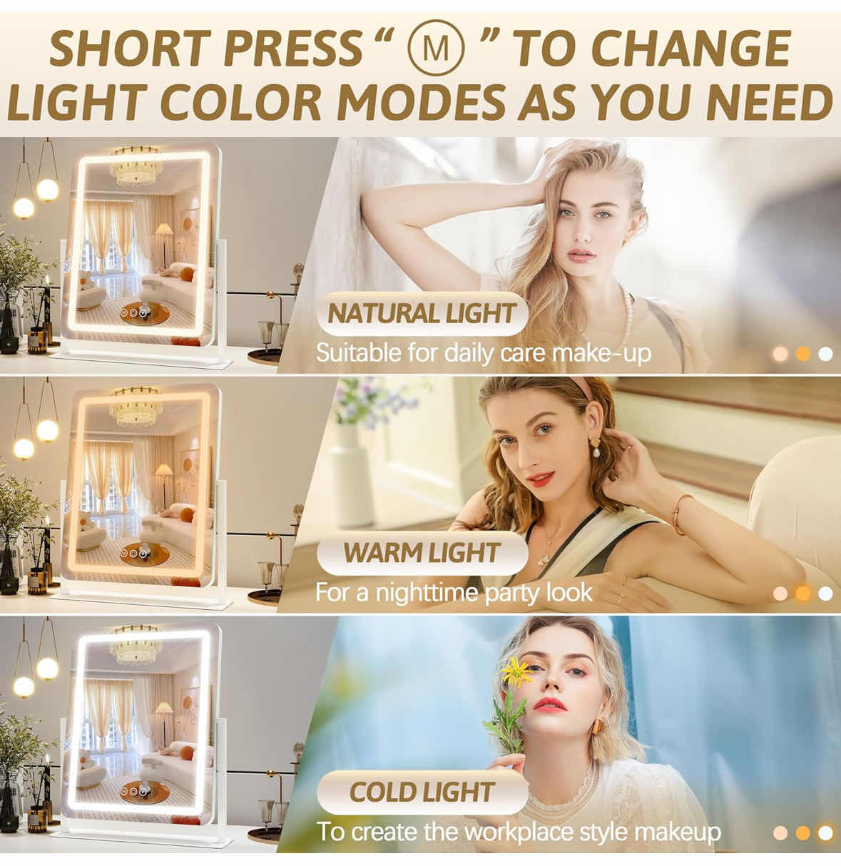 Photo 1 of NEW SLIMOON 16” X 20” VANITY MIRROR W LIGHTS, 3 COLOR DIMMABLE LED LIGHTING SMART TOUCH CONTROL & 360° ROTATION (WHITE)