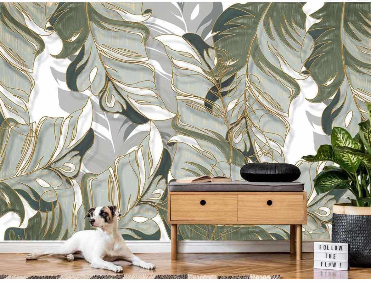 Photo 1 of NEW BORMIA WALL MURAL, NON SELF-ADHESIVE HAND PAINTED TROPICAL PLANTS LUXURY WALLPAPER 195” x 130”, LEAF-07