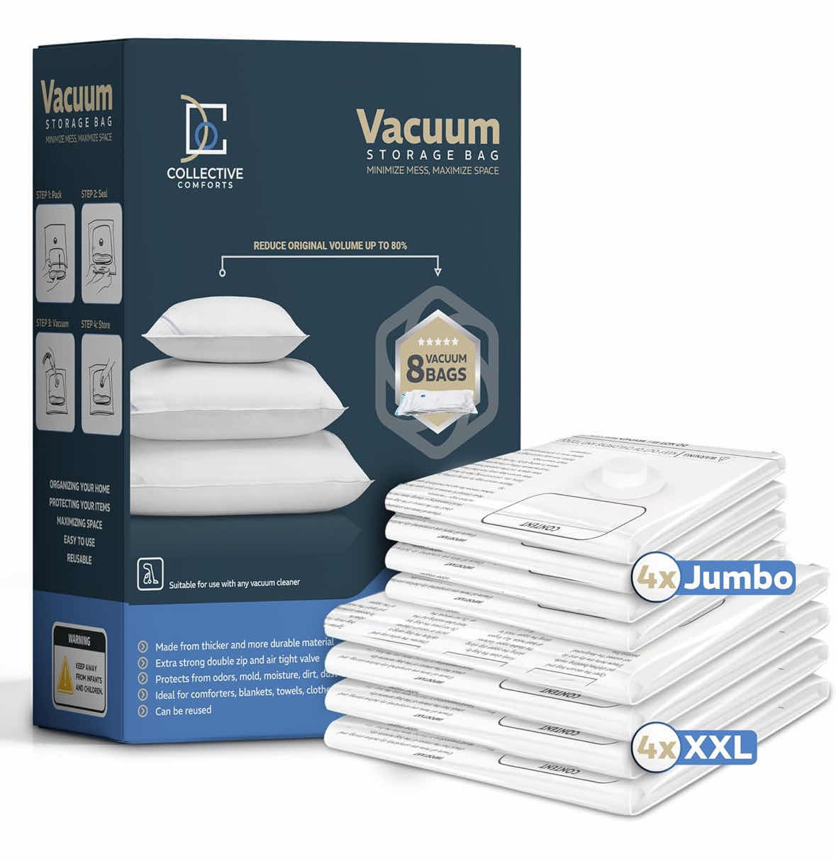 Photo 1 of NEW COLLECTIVE COMFORTS 8-PACK VACUUM SEAL STORAGE BAGS (4 JUMBO 39.5” x 31.5”, 4 XXL 47” X 35”)