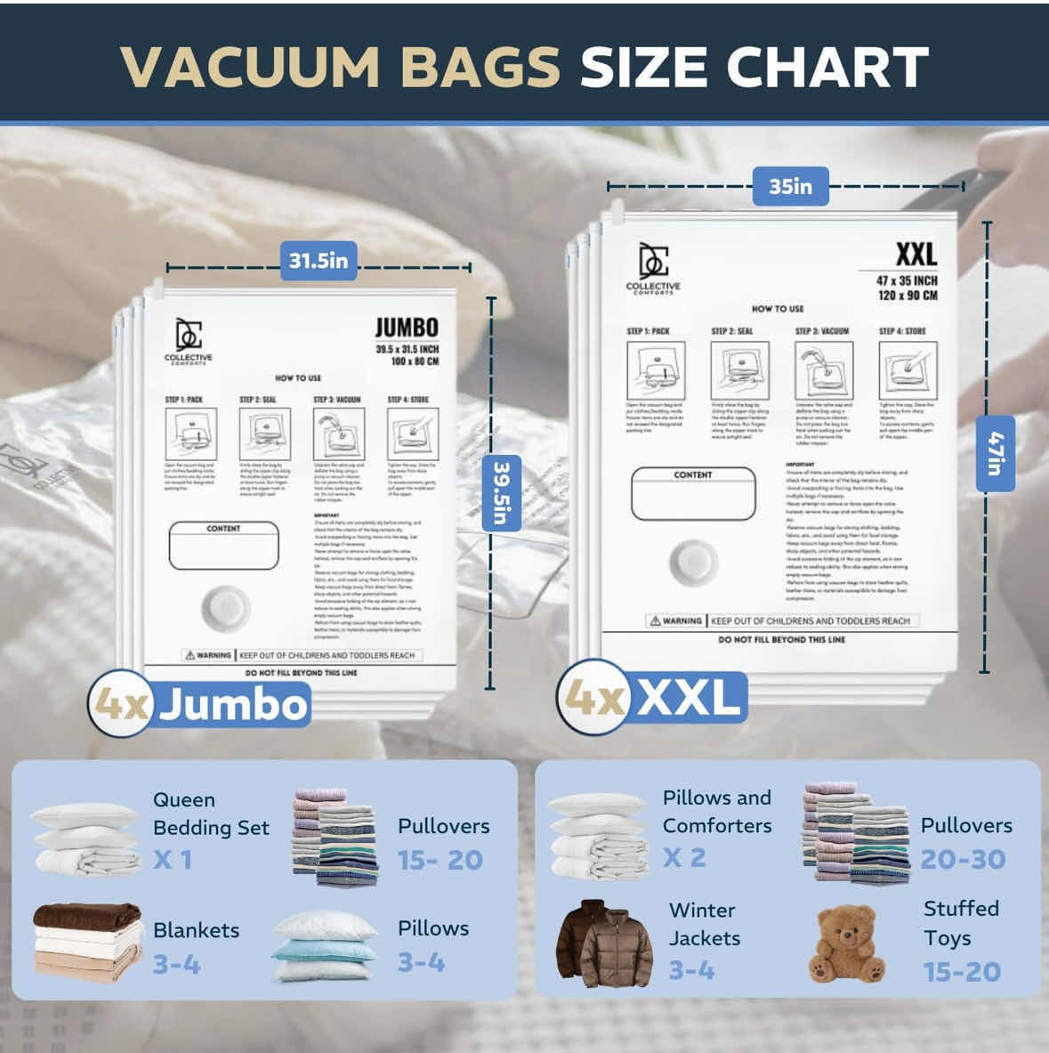 Photo 1 of NEW COLLECTIVE COMFORTS 8-PACK VACUUM SEAL STORAGE BAGS (4 JUMBO 39.5” x 31.5”, 4 XXL 47” X 35”)