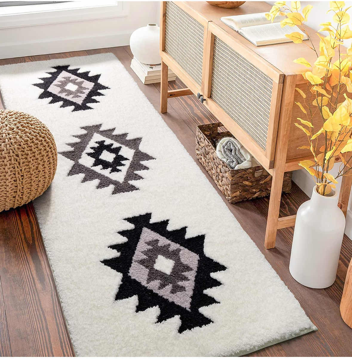 Photo 1 of NEW DEXDE BOHO BATHROOM RUNNER RUG, MOROCCAN GEOMETRIC NON-SLIP LONG BATH RUG, WHITE/BLACK (2’ X 5’ RECTANGLE)