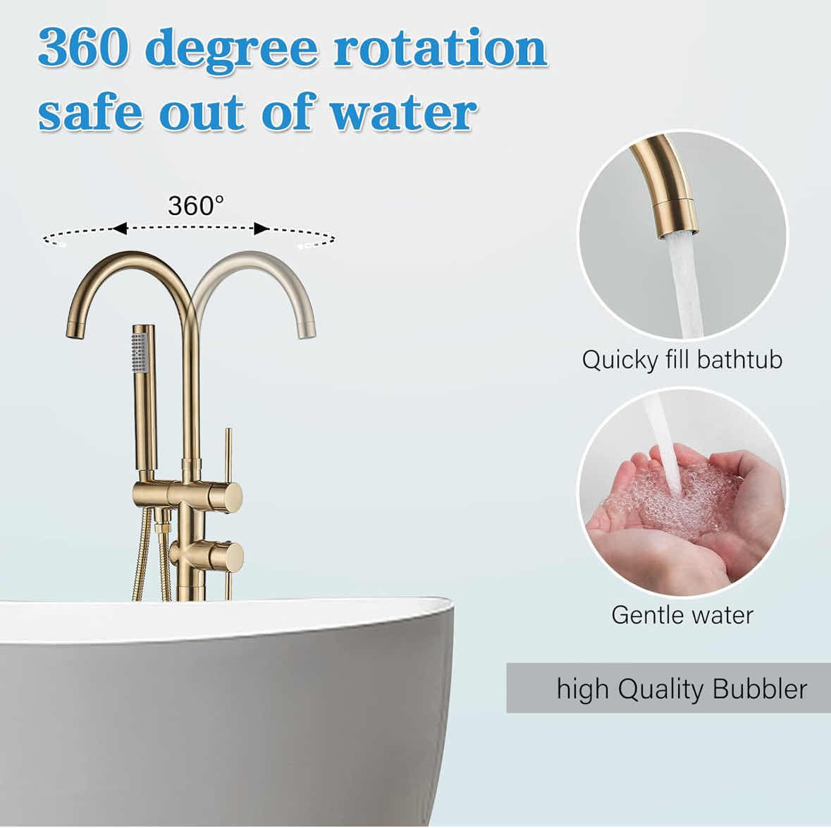 Photo 4 of NEW YAGATAP FREESTANDING BATHTUB FAUCET FLOOR MOUNT TUB FILLER, HIGH FLOW SHOWER FAUCET W HANDHELD SHOWER MIXER TAPS & SWIVEL SPOUT (BRUSHED GOLD)