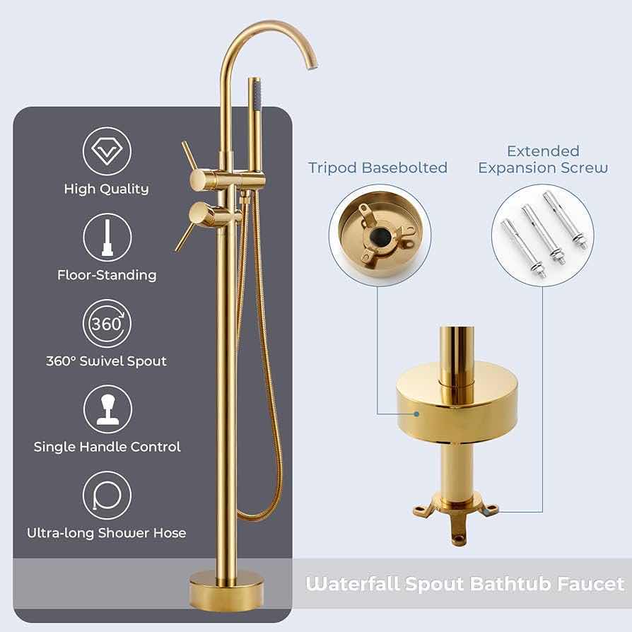 Photo 8 of NEW YAGATAP FREESTANDING BATHTUB FAUCET FLOOR MOUNT TUB FILLER, HIGH FLOW SHOWER FAUCET W HANDHELD SHOWER MIXER TAPS & SWIVEL SPOUT (BRUSHED GOLD)