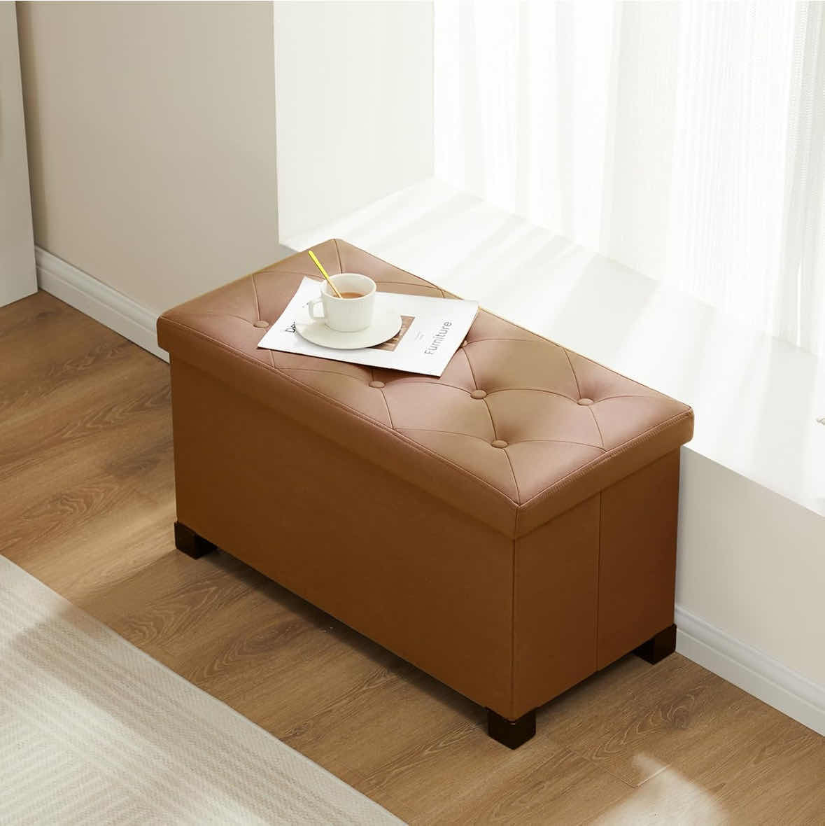 Photo 1 of NEW QUICKHORSE LUXURY FOLDING LEATHER STORAGE OTTOMAN W STORAGE REMOVABLE LID, SUPPORTS 350 LBS 15” X 30” H17” (COLOR: CAMEL)