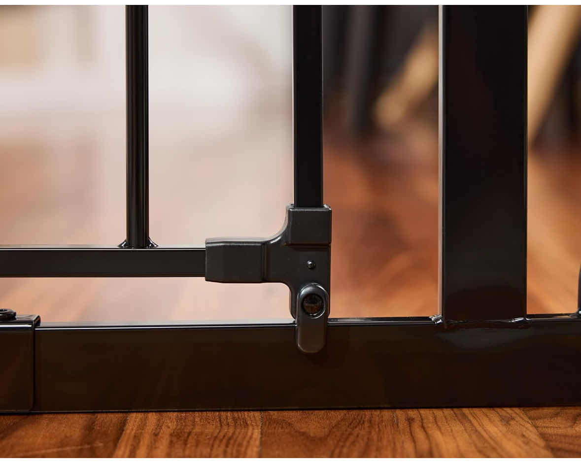 Photo 1 of NEW REGALO EASY STEP EXTRA WIDE METAL WALK-THROUGH SAFETY GATE, INCLUDES 4” & 12” EXTENSION KIT, 4 PACK OF PRESSURE MOUNT KIT & 4 PACK OF WALL MOUNT KIT, FITS OPENINGS 29”-49” WIDE, 30” HIGH (BLACK, MODEL #1164 EB DS)