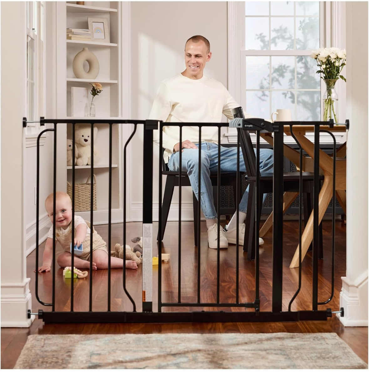 Photo 1 of NEW REGALO EASY STEP EXTRA WIDE METAL WALK-THROUGH SAFETY GATE, INCLUDES 4” & 12” EXTENSION KIT, 4 PACK OF PRESSURE MOUNT KIT & 4 PACK OF WALL MOUNT KIT, FITS OPENINGS 29”-49” WIDE, 30” HIGH (BLACK, MODEL #1164 EB DS)