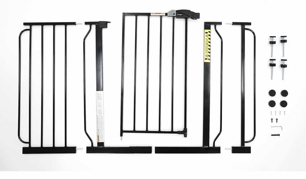 Photo 1 of NEW REGALO EASY STEP EXTRA WIDE METAL WALK-THROUGH SAFETY GATE, INCLUDES 4” & 12” EXTENSION KIT, 4 PACK OF PRESSURE MOUNT KIT & 4 PACK OF WALL MOUNT KIT, FITS OPENINGS 29”-49” WIDE, 30” HIGH (BLACK, MODEL #1164 EB DS)