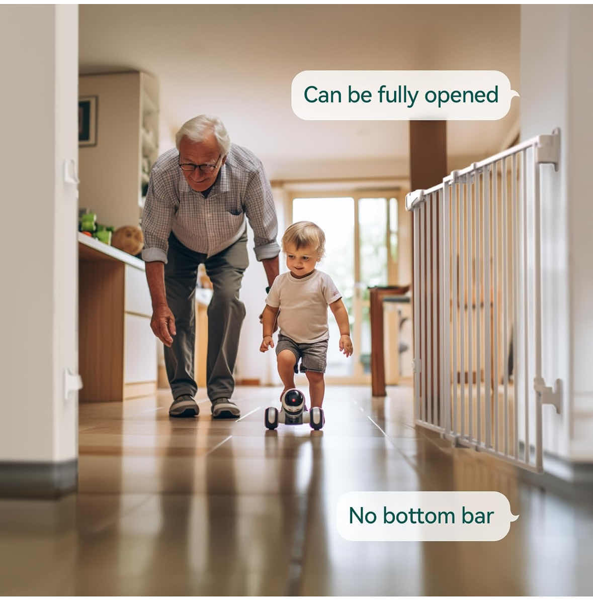 Photo 4 of NEW BABELIO EXTRA WIDE BABY GATE 31.5”-55” NO BOTTOM BAR, 2-IN-1 AUTO CLOSE DOG GATE FOR HOUSE, STAIRS & DOORWAYS W LARGE WALK-THROUGH DOOR (WHITE, MODEL #CB-M-101)