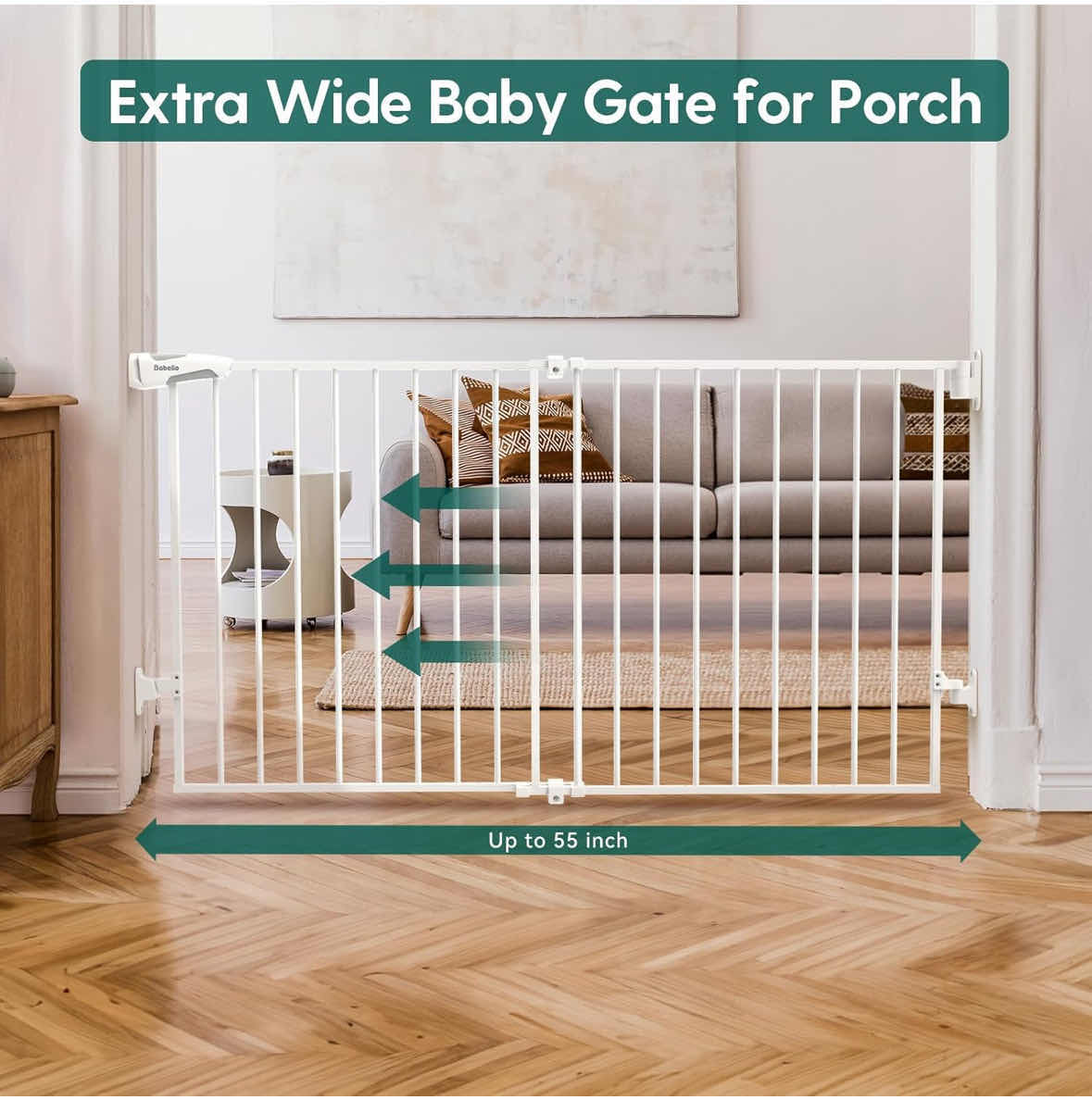 Photo 3 of NEW BABELIO EXTRA WIDE BABY GATE 31.5”-55” NO BOTTOM BAR, 2-IN-1 AUTO CLOSE DOG GATE FOR HOUSE, STAIRS & DOORWAYS W LARGE WALK-THROUGH DOOR (WHITE, MODEL #CB-M-101)
