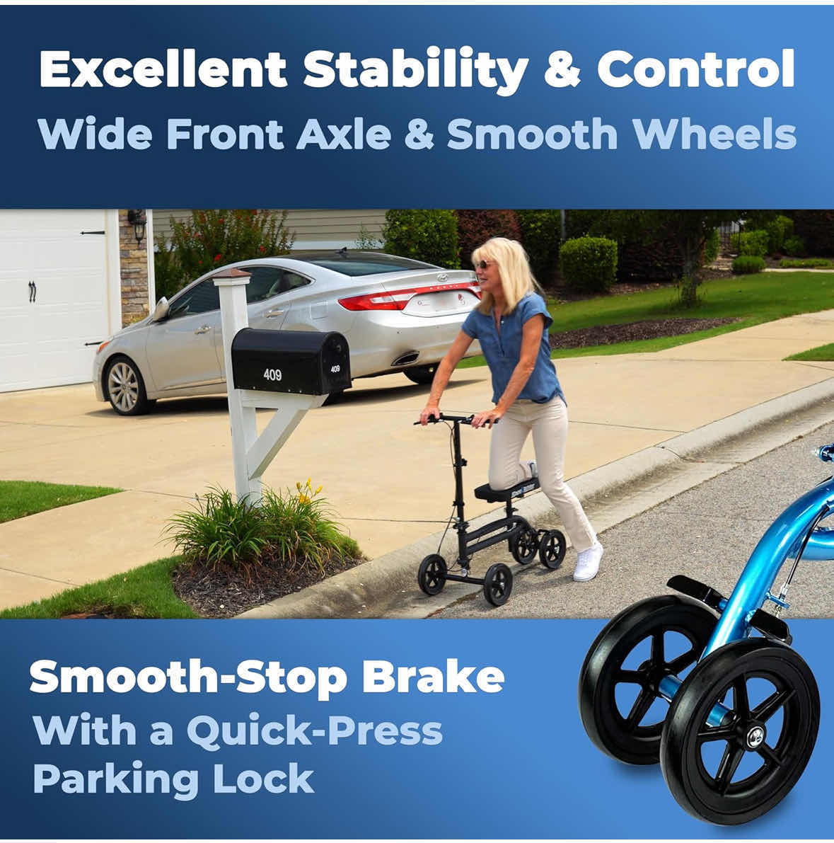 Photo 5 of NEW KNEE ROVER ECONOMY KNEE STEERABLE SCOOTER FOR BROKEN FOOT/INJURED LEG CRUTCH W DUAL BRAKES (BLUE)