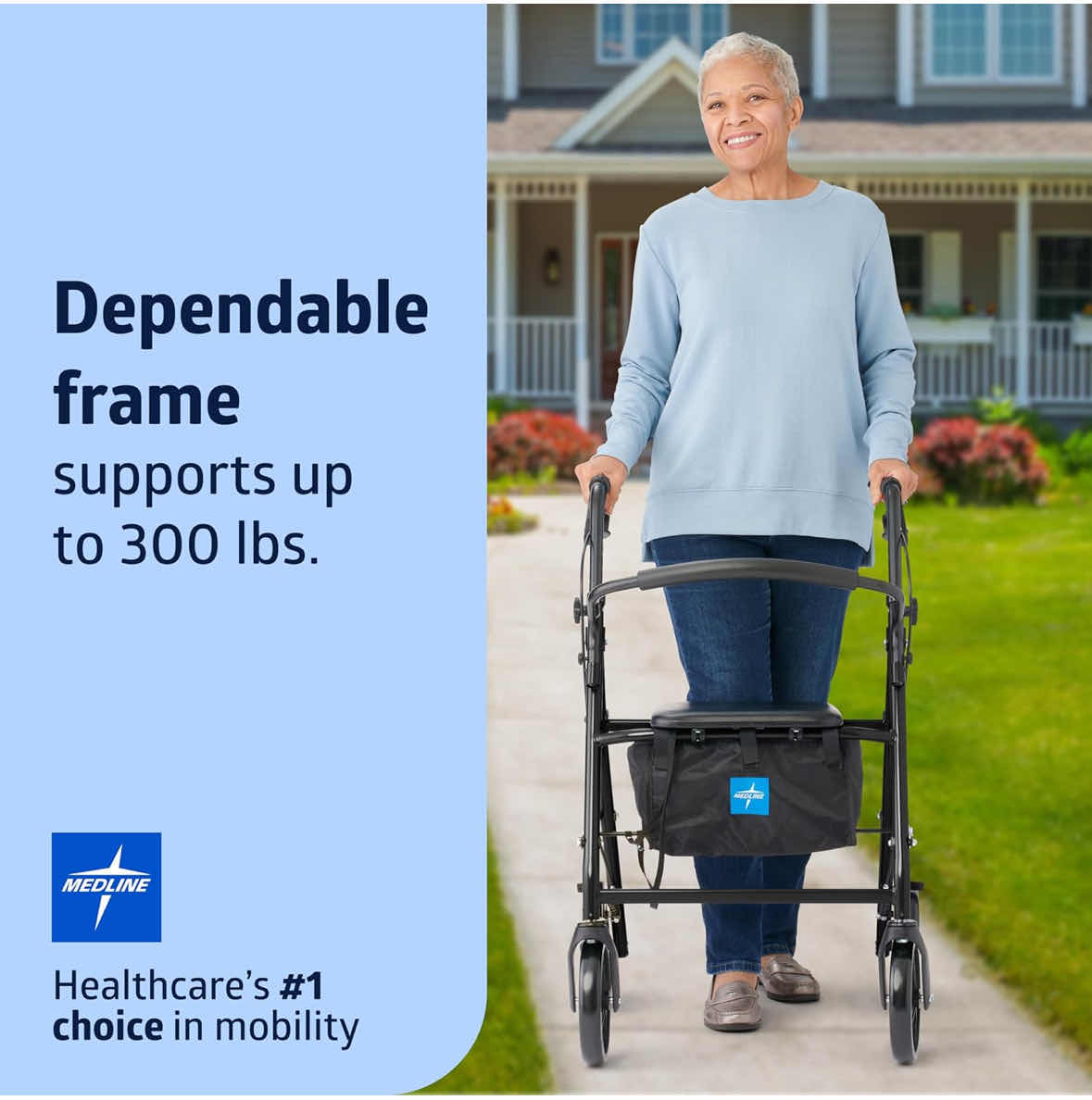 Photo 2 of MEDLINE BASIC ROLLATOR 4-WHEELED FOLDABLE ROLLING WALKER, STEEL W 8” WHEELS, 300 LB CAPACITY (MDS86830EBLS8)