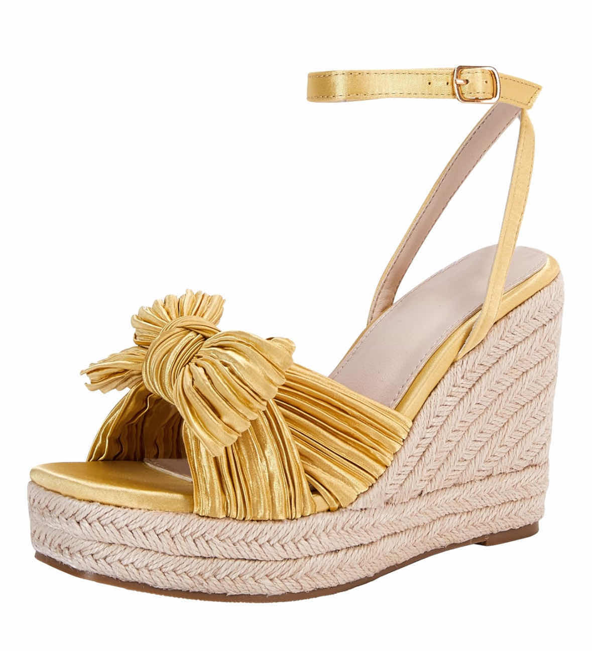 Photo 1 of NEW VETASTE WOMEN’S PLEATED BOW ESPADRILLE PLATFORM WEDGE SANDAL, SQUARE OPEN TOE W ANKLE BUCKLE STRAP (GOLD SIZE 7)