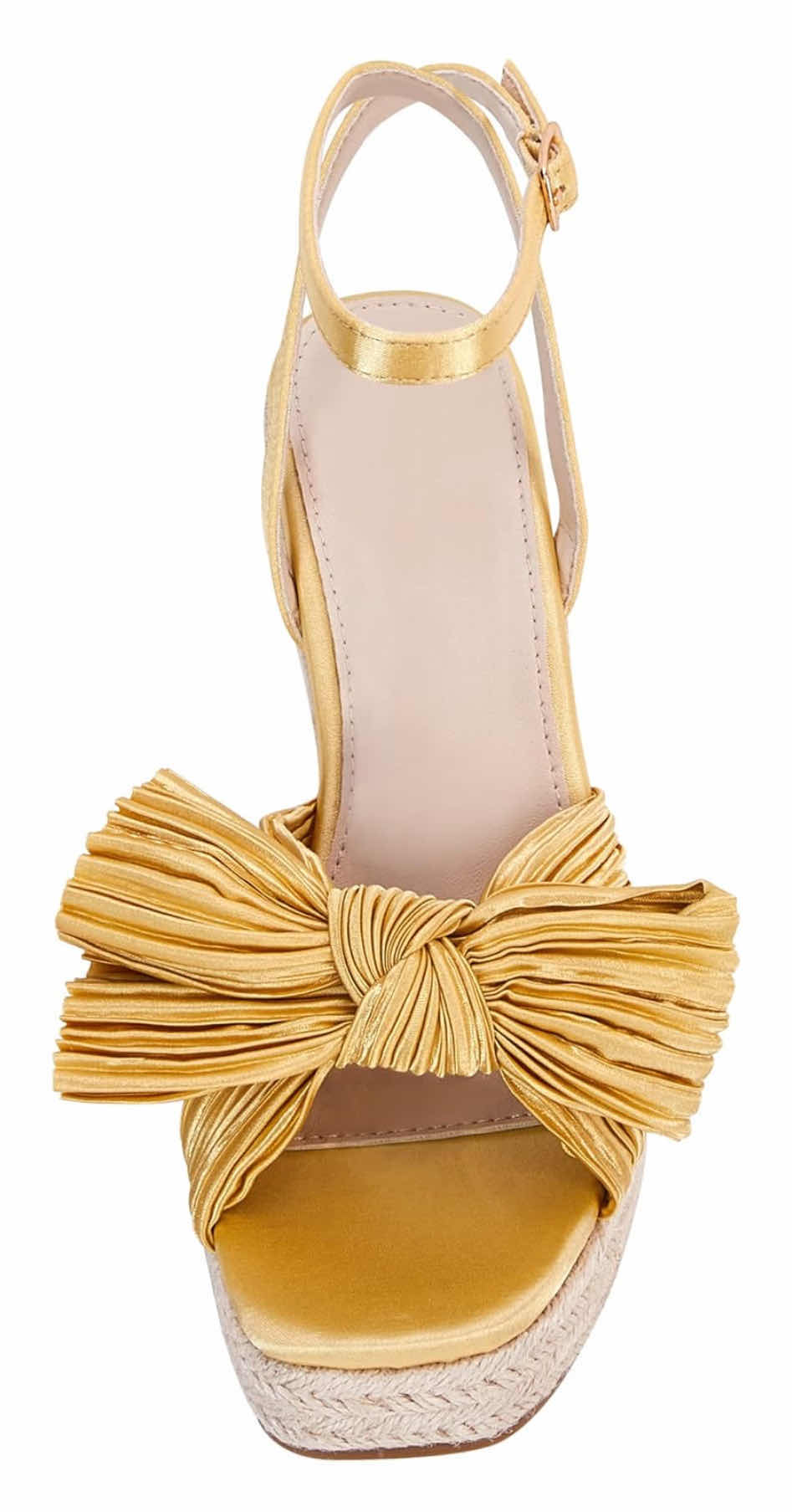 Photo 1 of NEW VETASTE WOMEN’S PLEATED BOW ESPADRILLE PLATFORM WEDGE SANDAL, SQUARE OPEN TOE W ANKLE BUCKLE STRAP (GOLD SIZE 7)