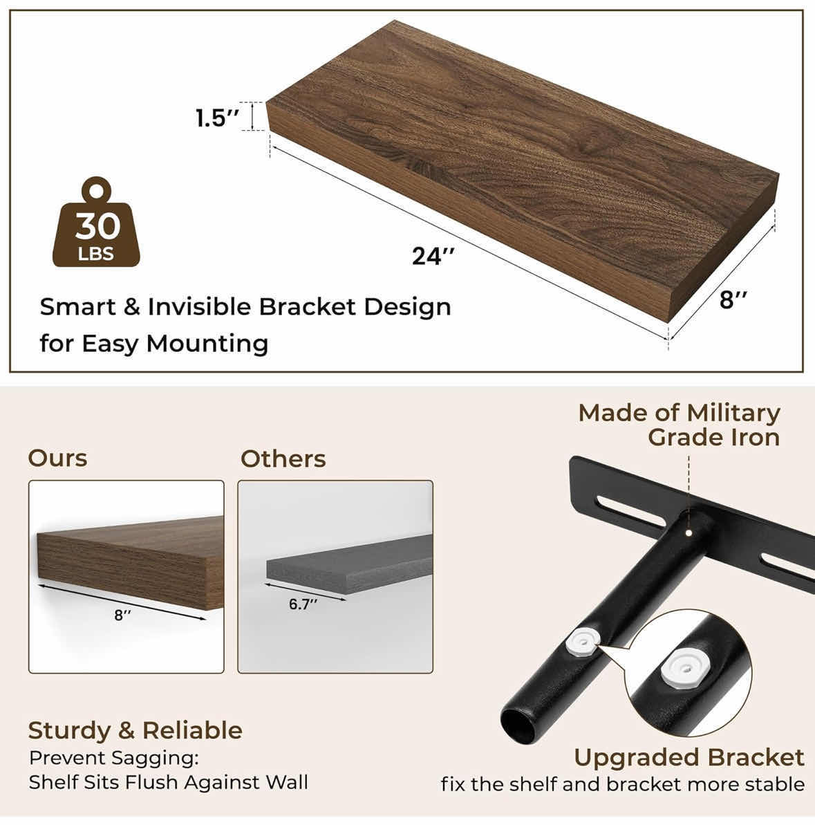 Photo 3 of NEW VERTORGAN 2-PACK 24” RUSTIC WOOD FLOATING SHELVES W INVISIBLE BRACKETS, WALNUT