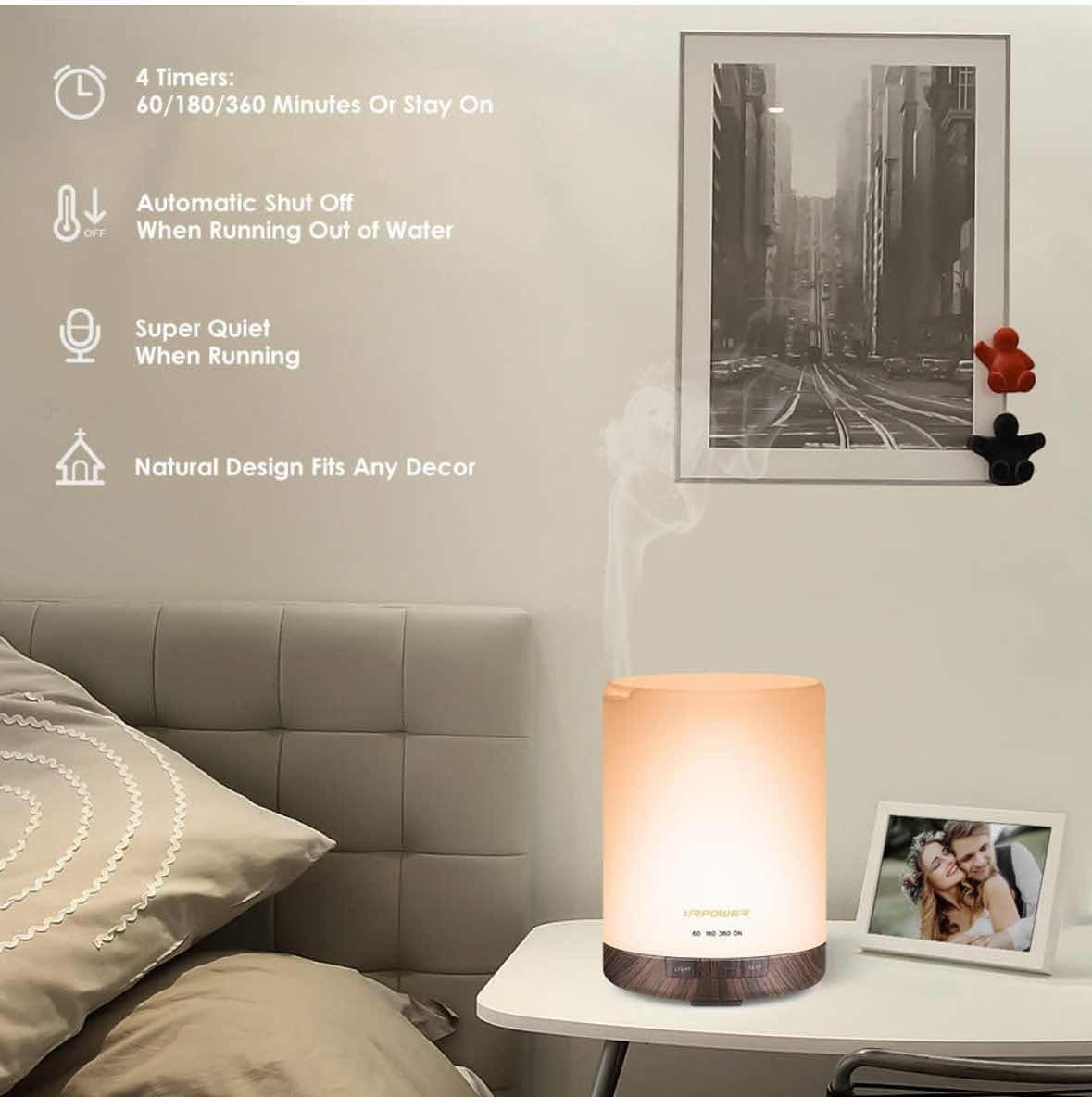 Photo 3 of NEW URPOWER 2ND GEN 300ML AROMA ESSENTIAL OIL DIFFUSER/NIGHT LIGHT/ULTRASONIC AIR COOL MIST HUMIDIFIER W AUTO SHUT OFF W 6/7 HOUR CONTINUOUS DIFFUSING & 4 TIMER SETTINGS (DARK BROWN BASE)