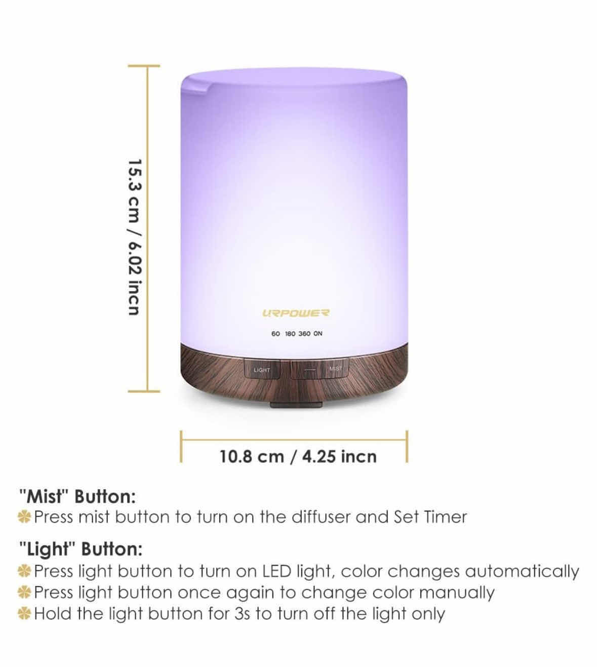 Photo 5 of NEW URPOWER 2ND GEN 300ML AROMA ESSENTIAL OIL DIFFUSER/NIGHT LIGHT/ULTRASONIC AIR COOL MIST HUMIDIFIER W AUTO SHUT OFF W 6/7 HOUR CONTINUOUS DIFFUSING & 4 TIMER SETTINGS (DARK BROWN BASE)