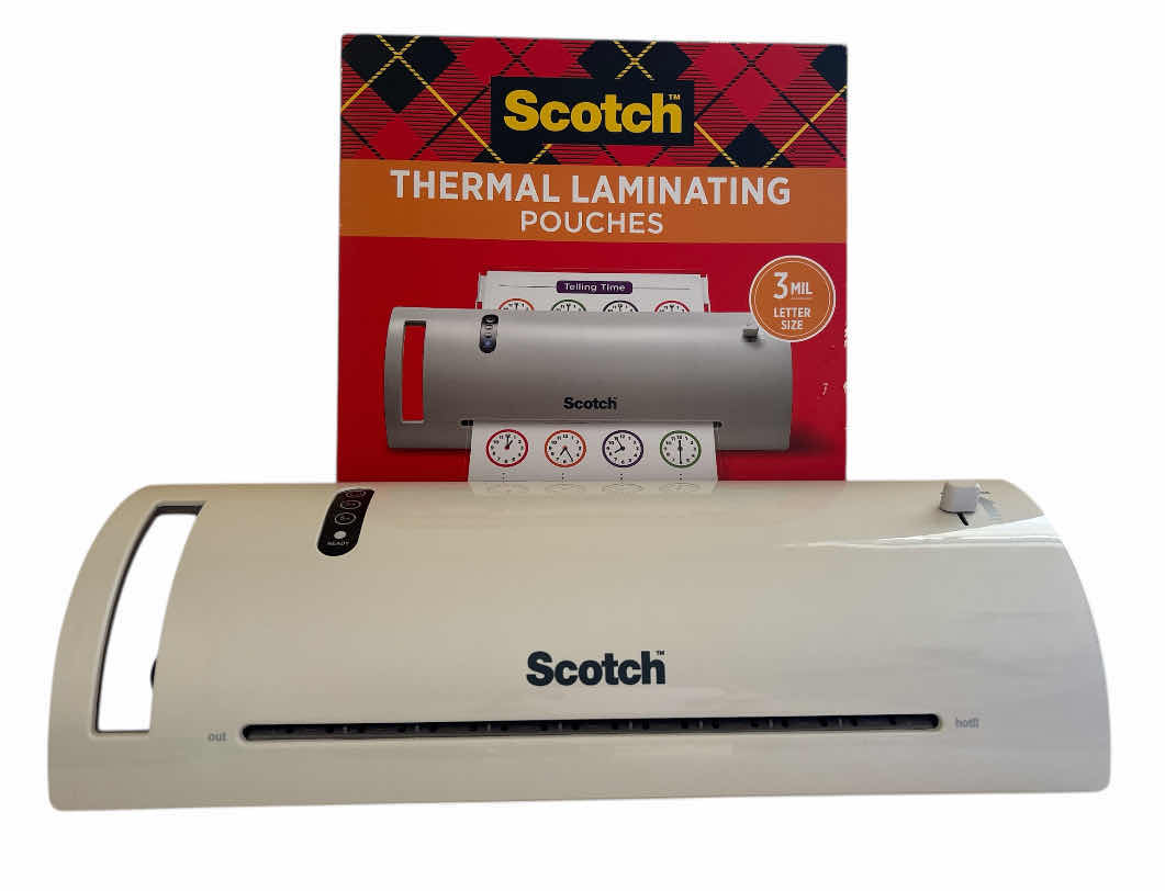 Photo 1 of SCOTCH THERMAL LAMINATOR (WHITE, TL902) & SCOTCH 65 CT 9” X 11” THERMAL LAMINATING CLEAR POUCHES (APPROX 65 CT)