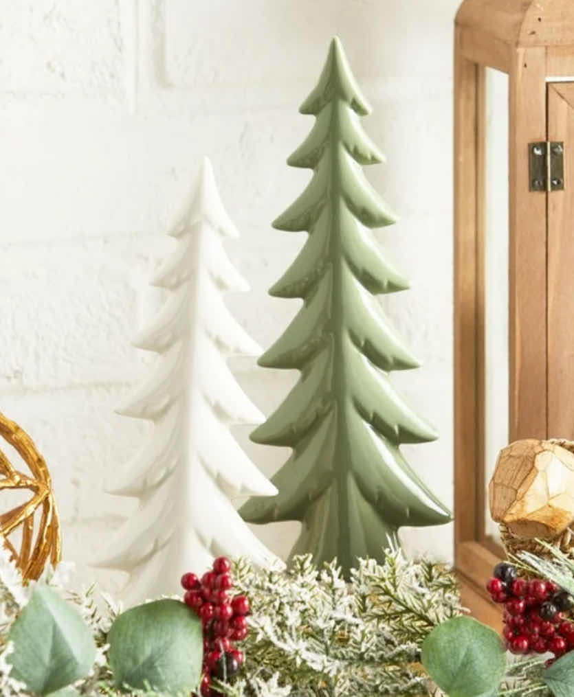 Photo 1 of NEW HOLIDAY TIME CHRISTMAS 10” TABLETOP CERAMIC HOLIDAY TREE DECOR SET OF 2 (WHITE/GREEN)