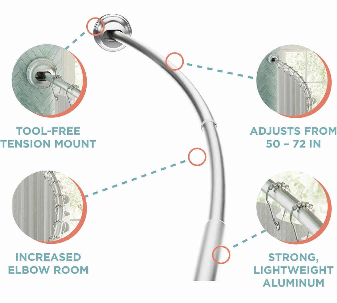 Photo 1 of NEW ZENNA HOME CURVED ADJUSTABLE TENSION SHOWER CURTAIN ROD, 50”-72”, EASY NO DRILL INSTALL, SATIN NICKEL
