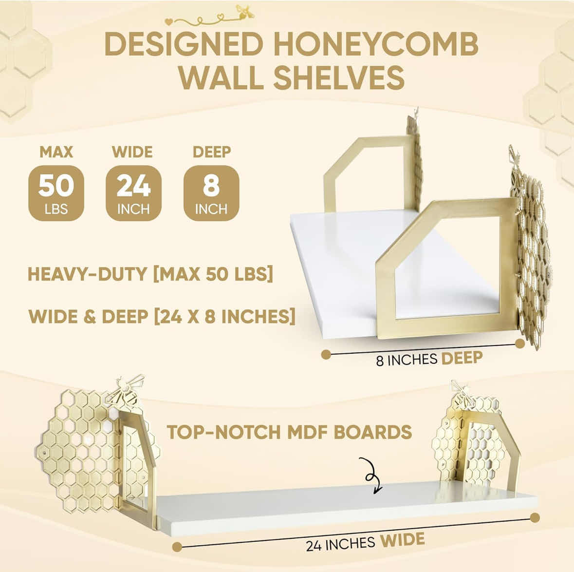 Photo 1 of NEW SPECIAL LUCY DESIGNED SET OF 2 BEEHIVE WALL SHELVES/ DECOR, PREMIUM WHITE FLOATING SHELVES 8” X 24”