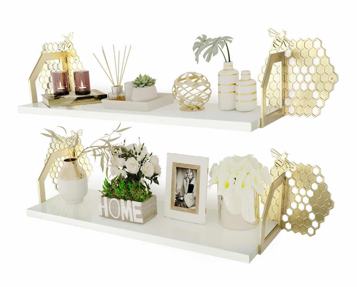 Photo 1 of NEW SPECIAL LUCY DESIGNED SET OF 2 BEEHIVE WALL SHELVES/ DECOR, PREMIUM WHITE FLOATING SHELVES 8” X 24”