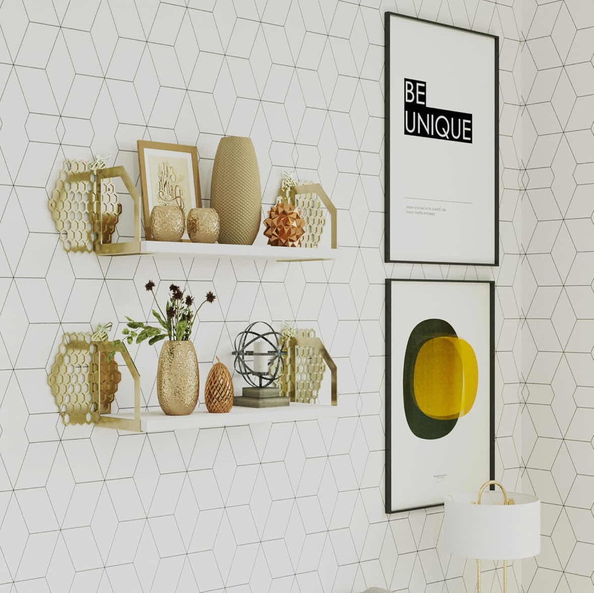Photo 1 of NEW SPECIAL LUCY DESIGNED SET OF 2 BEEHIVE WALL SHELVES/ DECOR, PREMIUM WHITE FLOATING SHELVES 8” X 24”