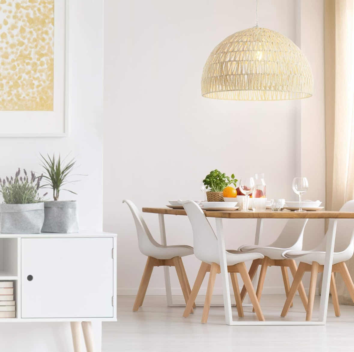 Photo 1 of NEW JONATHAN Y CAMPANA 20” 1-LIGHT BOHEMIAN MODERN WOVEN RATTAN/IRON LED PENDANT, CREAM (JYL6504A)