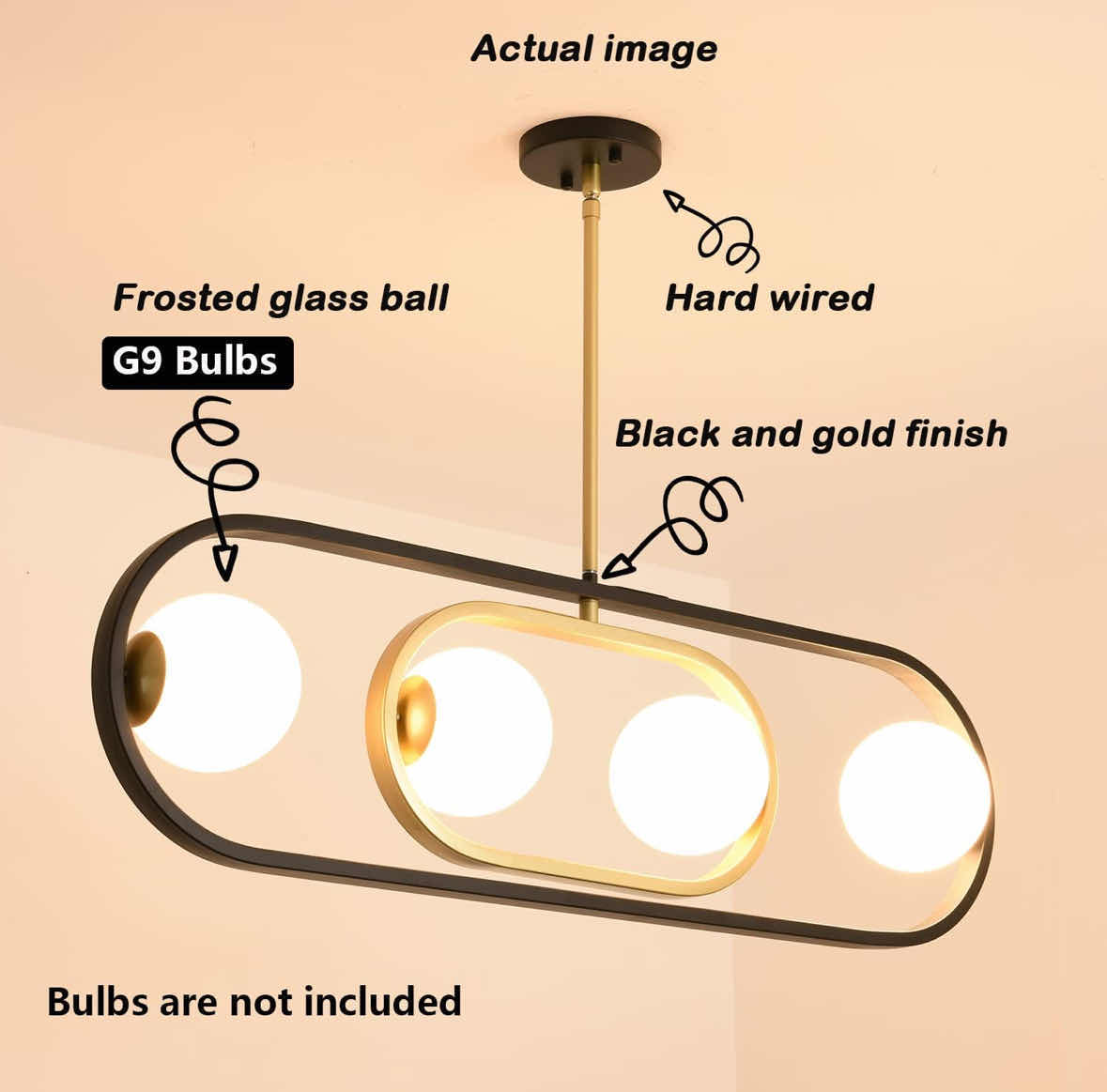 Photo 1 of NEW EAMONEX G9 DEFORMABLE FROSTED GLOBE CHANDELIER, BLACK/GOLD MILKY GLASS CEILING LIGHT (GC20220202)