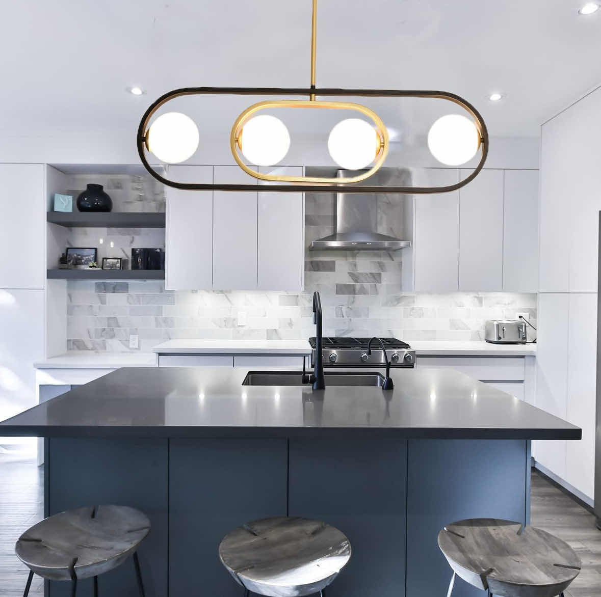 Photo 1 of NEW EAMONEX G9 DEFORMABLE FROSTED GLOBE CHANDELIER, BLACK/GOLD MILKY GLASS CEILING LIGHT (GC20220202)