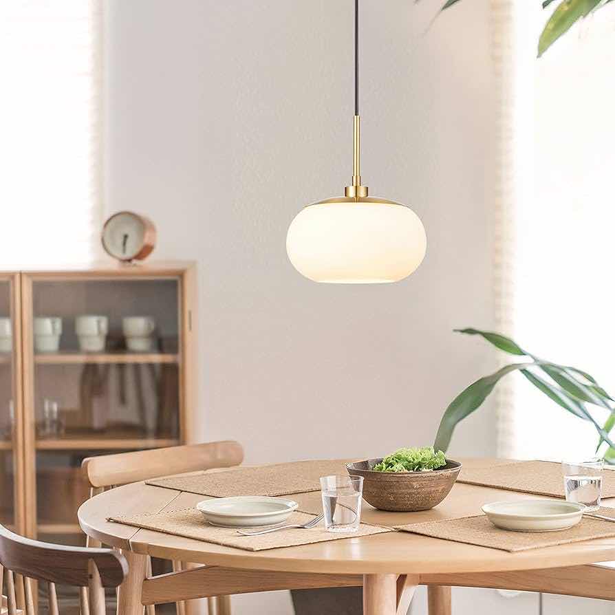 Photo 1 of NEW KAWOTI BRASS ADJUSTABLE PENDANT LIGHT W MILKY GLASS SHADE 10” X 10” H84”