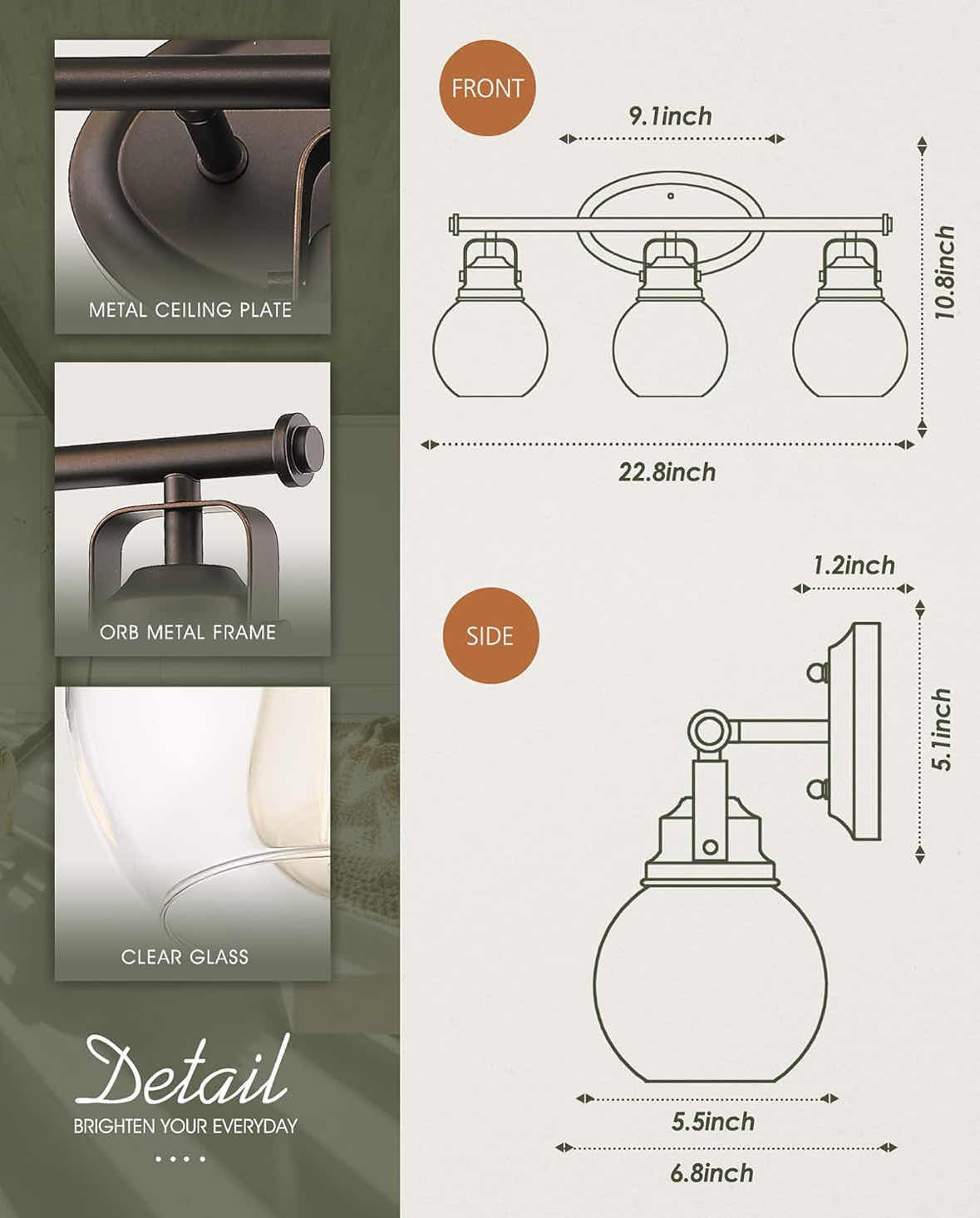 Photo 1 of NEW AUDICKIC FARMHOUSE 3-LIGHT WALL MOUNTED BATHROOM VANITY LAMP, METAL FRAME W CLEAR GLASS SHADES, OIL RUBBED BRONZE (AD-2148-3W)