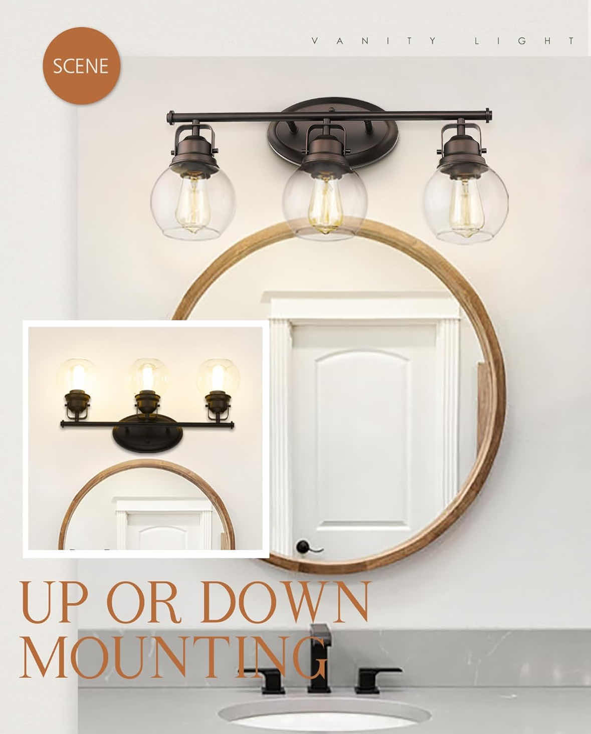 Photo 1 of NEW AUDICKIC FARMHOUSE 3-LIGHT WALL MOUNTED BATHROOM VANITY LAMP, METAL FRAME W CLEAR GLASS SHADES, OIL RUBBED BRONZE (AD-2148-3W)