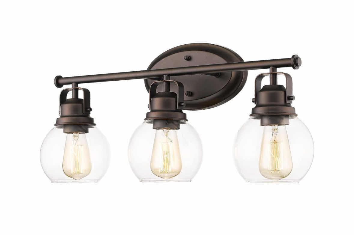 Photo 1 of NEW AUDICKIC FARMHOUSE 3-LIGHT WALL MOUNTED BATHROOM VANITY LAMP, METAL FRAME W CLEAR GLASS SHADES, OIL RUBBED BRONZE (AD-2148-3W)