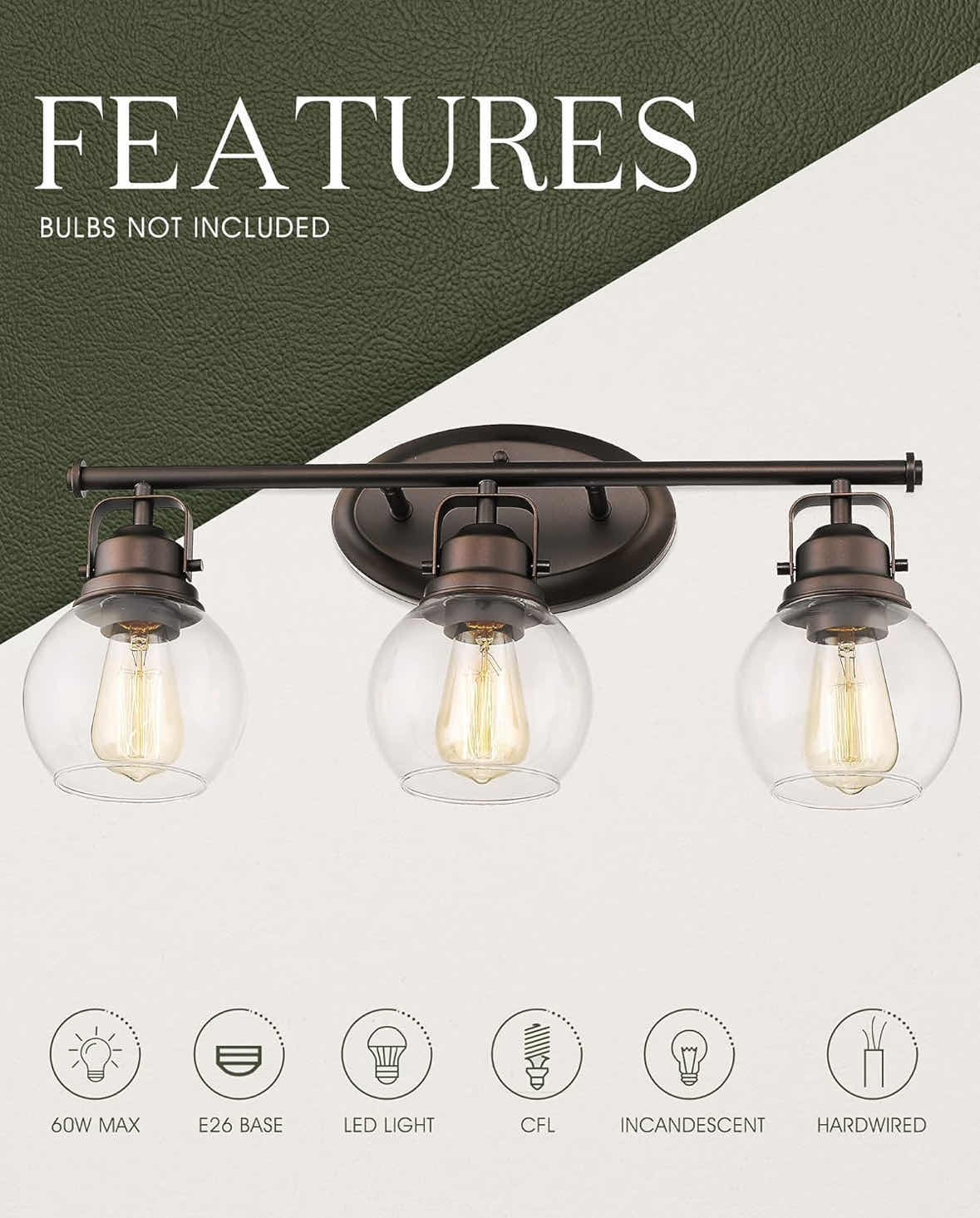 Photo 1 of NEW AUDICKIC FARMHOUSE 3-LIGHT WALL MOUNTED BATHROOM VANITY LAMP, METAL FRAME W CLEAR GLASS SHADES, OIL RUBBED BRONZE (AD-2148-3W)