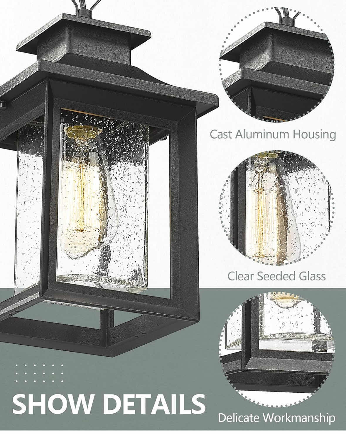 Photo 1 of NEW KAUEN FARMHOUSE OUTDOOR PENDANT LIGHT FIXTURE, BLACK METAL W CLEAR SEEDED GLASS, HEIGHT ADJUSTABLE EXTERIOR LANTERN (2455-1H)