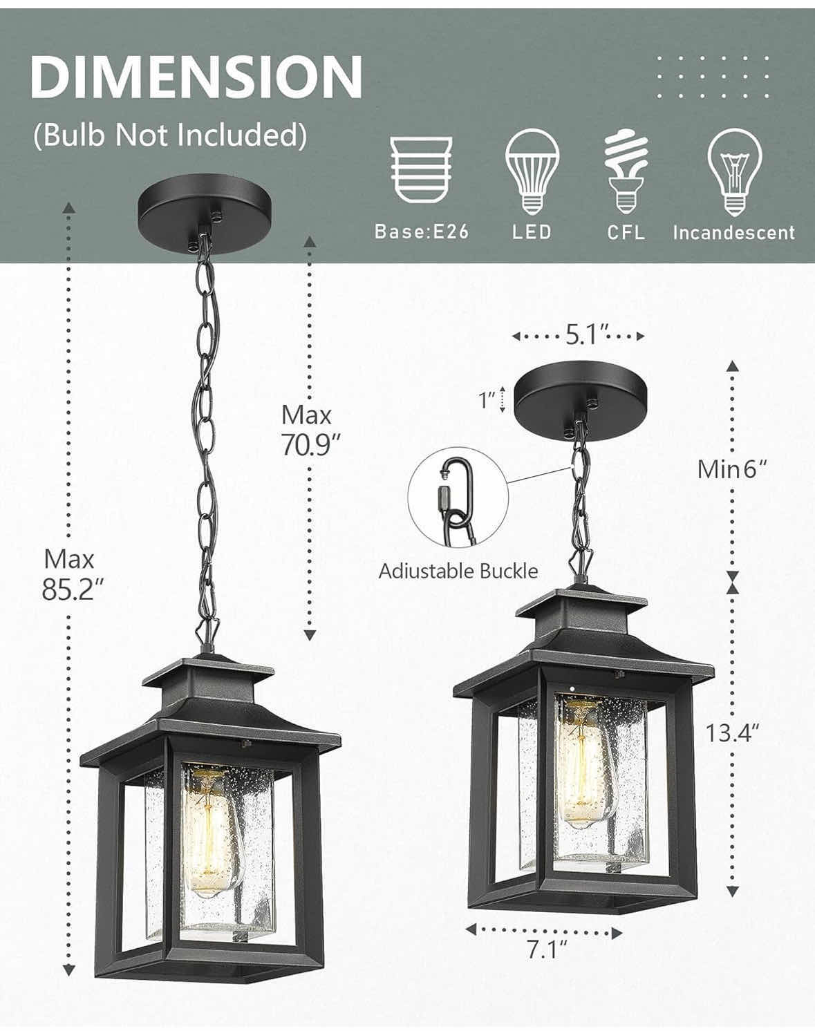 Photo 6 of NEW KAUEN FARMHOUSE OUTDOOR PENDANT LIGHT FIXTURE, BLACK METAL W CLEAR SEEDED GLASS, HEIGHT ADJUSTABLE EXTERIOR LANTERN (2455-1H)