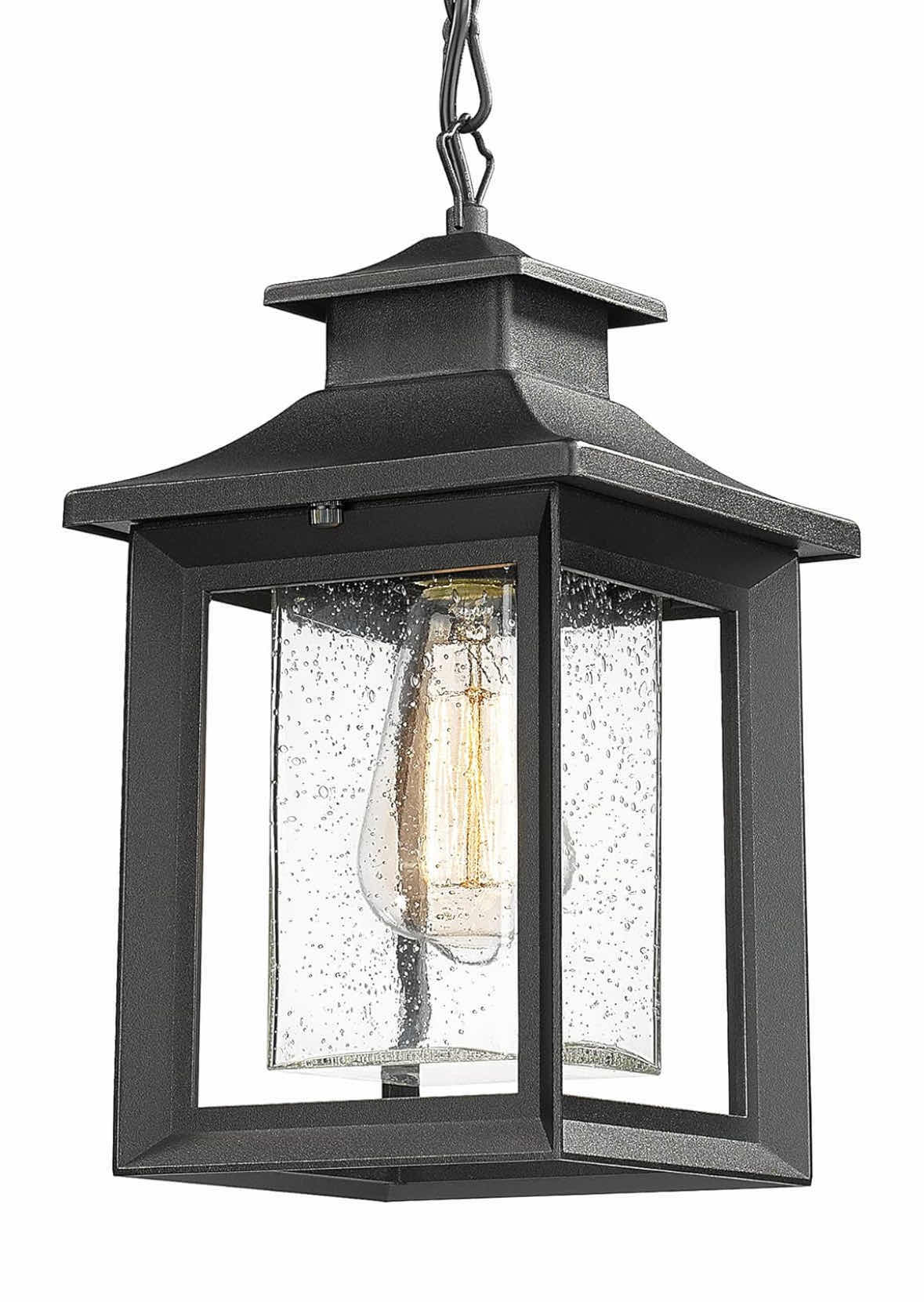 Photo 1 of NEW KAUEN FARMHOUSE OUTDOOR PENDANT LIGHT FIXTURE, BLACK METAL W CLEAR SEEDED GLASS, HEIGHT ADJUSTABLE EXTERIOR LANTERN (2455-1H)