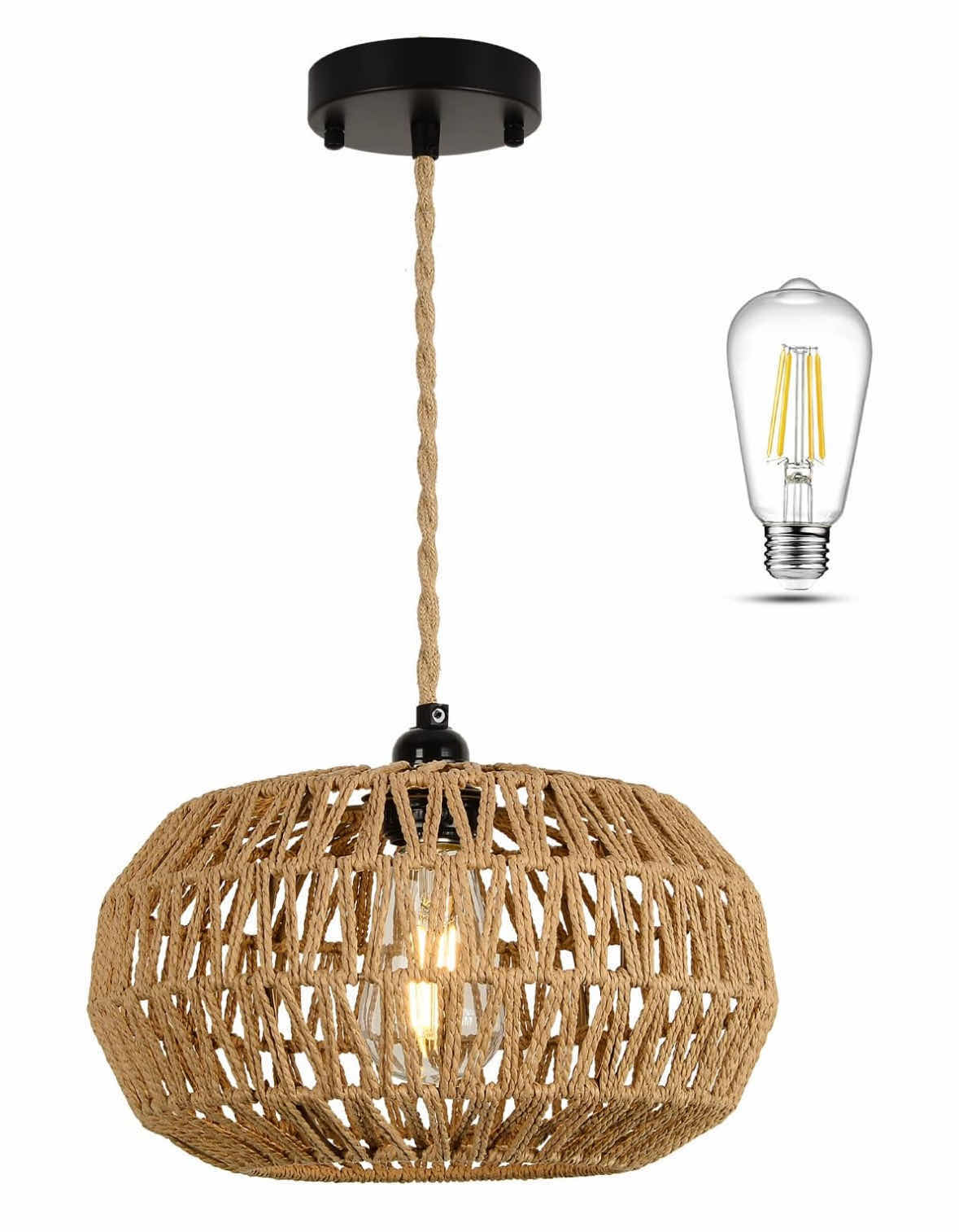 Photo 1 of NEW STEPEAK RUSTIC WICKER HAND WOVEN ROPE CAGE BASKET RATTAN PENDANT LIGHT, BOHO CHANDELIER LIGHT FIXTURE